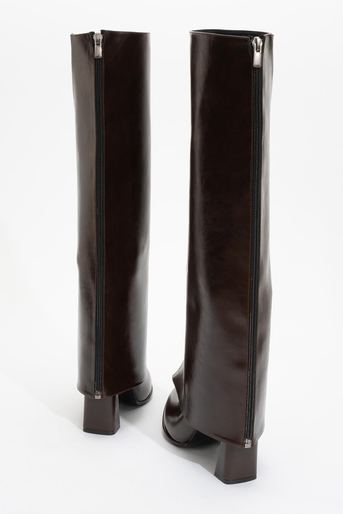 Aja - Brown Block Heel Convertible Knee-High Boot (Women)