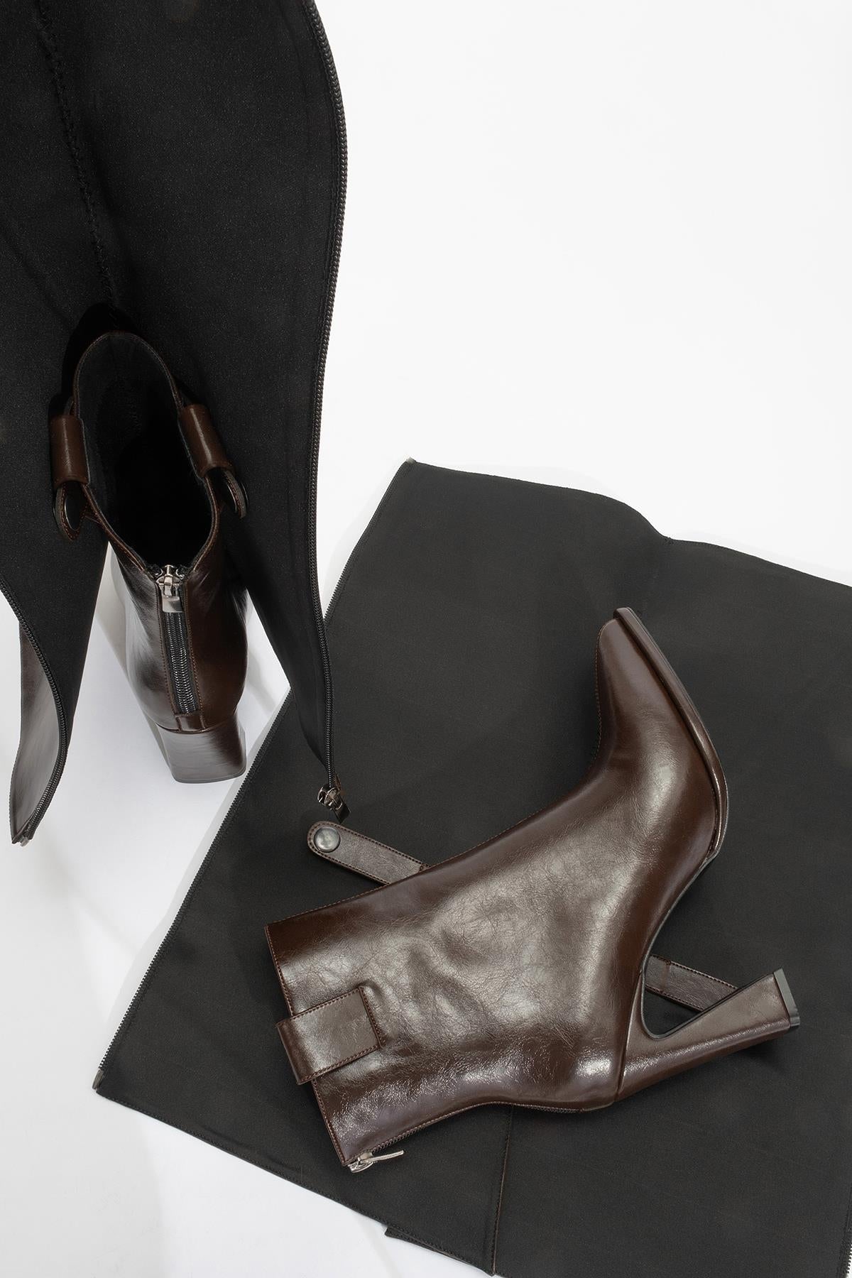 brown high heel dress boots Olivia Leather - Non slip Aja - Brown Block Heel