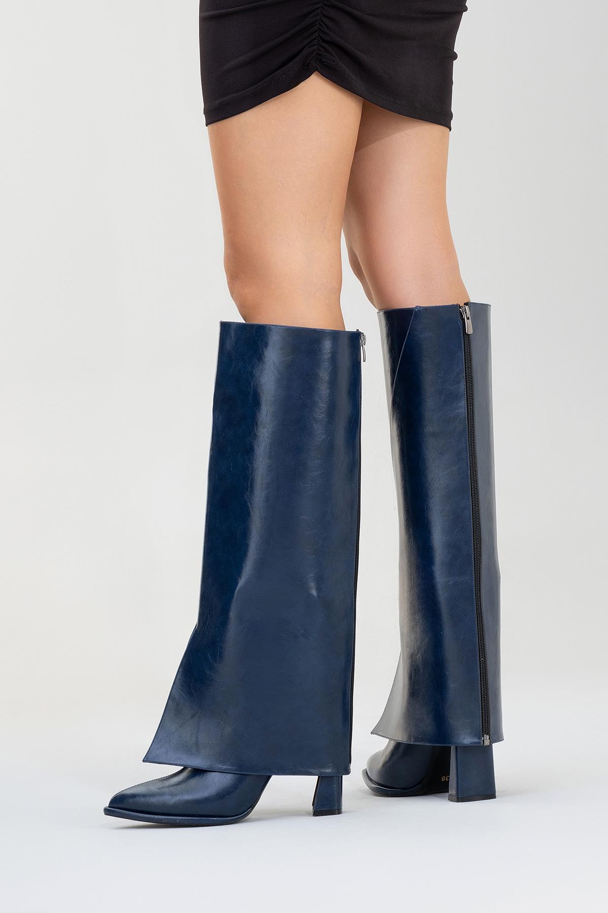 Aja - Navy Block Heel Convertible Knee-High Boot (Women)