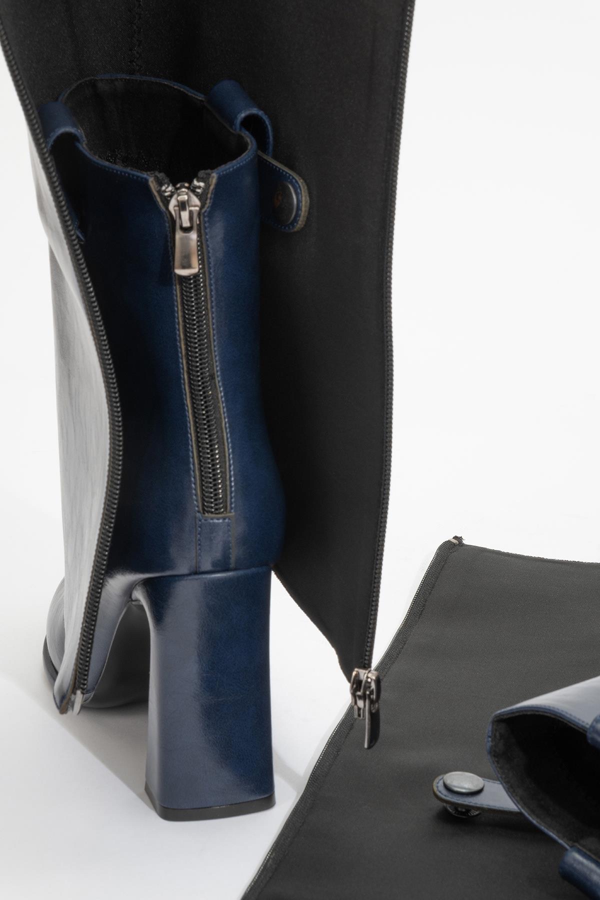 Aja - Navy Block Heel Convertible Knee-High Boot (Women)