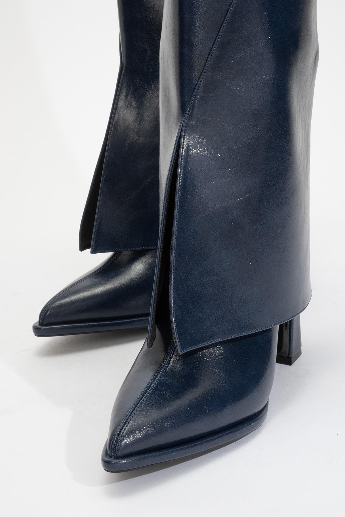 Aja - Navy Block Heel Convertible Knee-High Boot (Women)