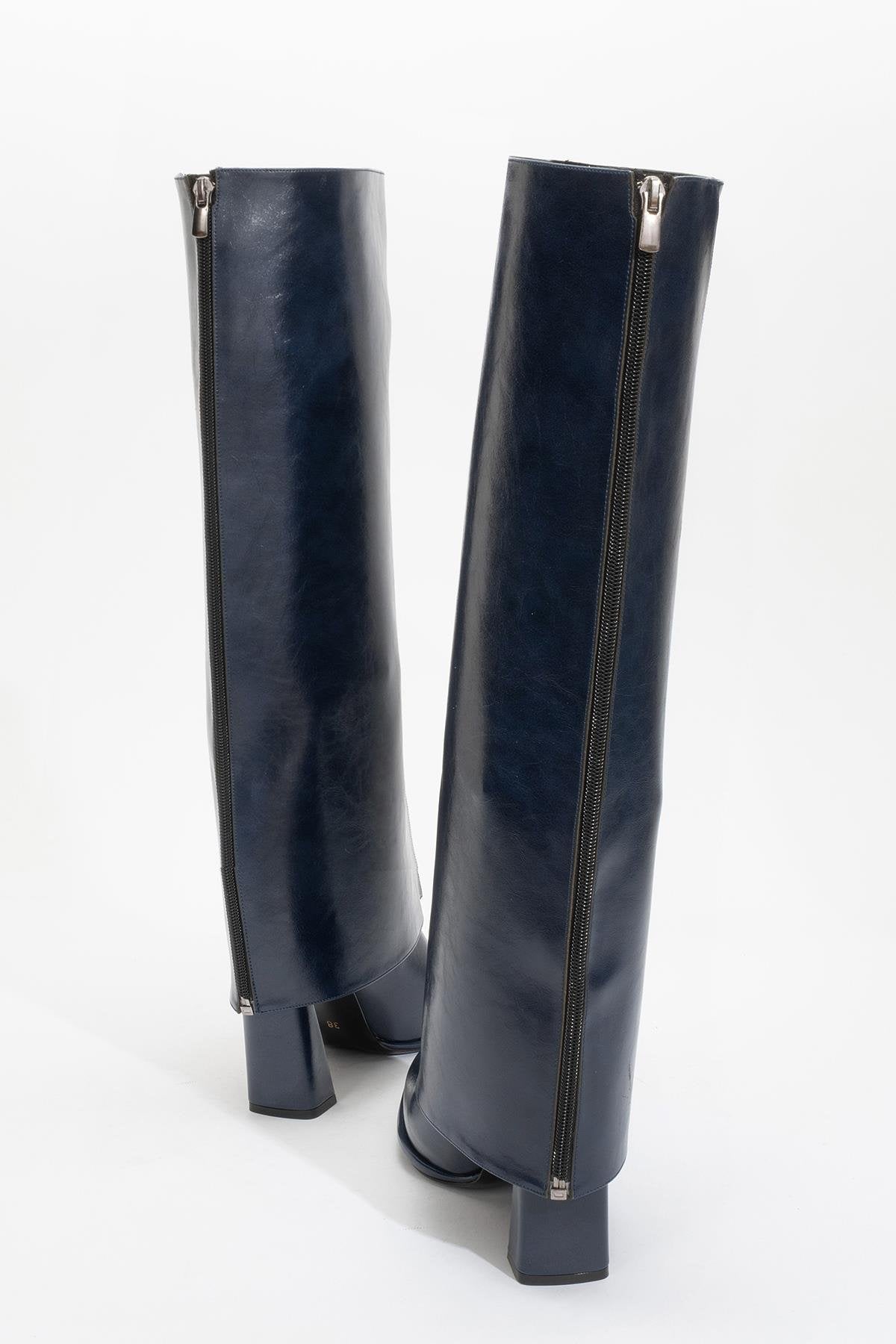 Aja - Navy Block Heel Convertible Knee-High Boot (Women)