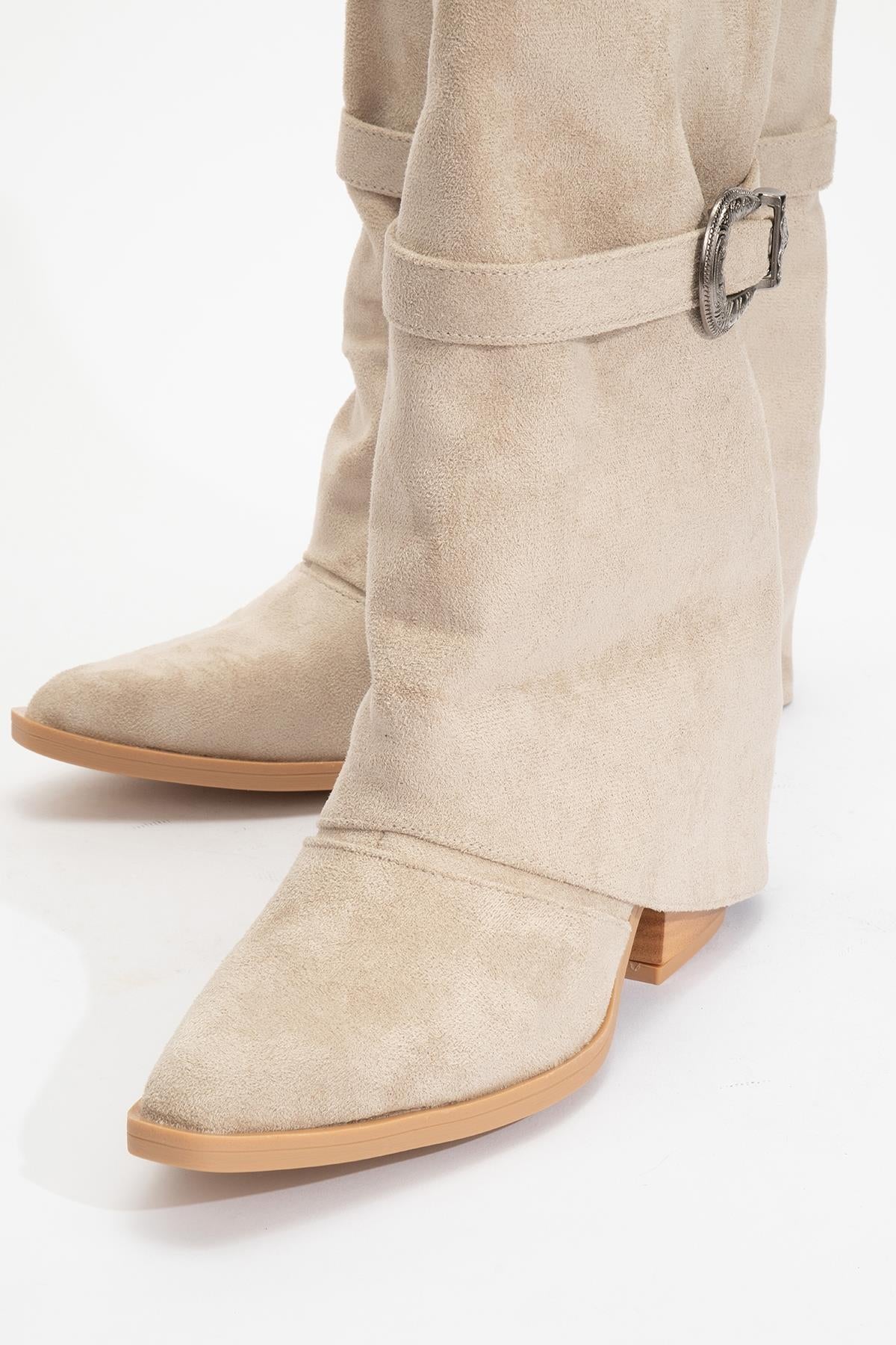 Okus - Beige Buckle Block Heel Ankle Boot (Women)