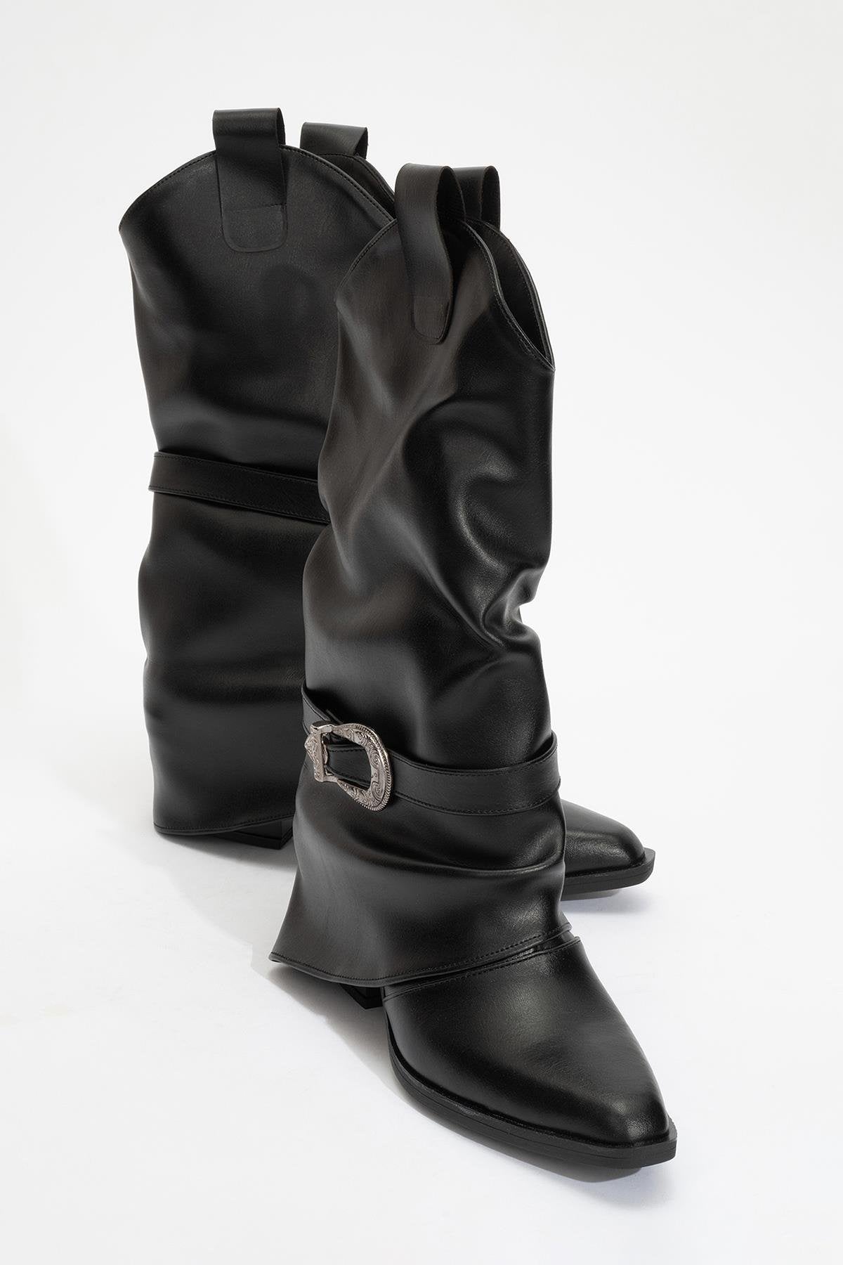Okus - Black Buckle Block Heel Ankle Boot (Women)