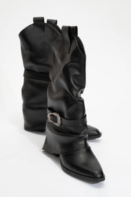 Okus - Black Buckle Block Heel Ankle Boot (Women)
