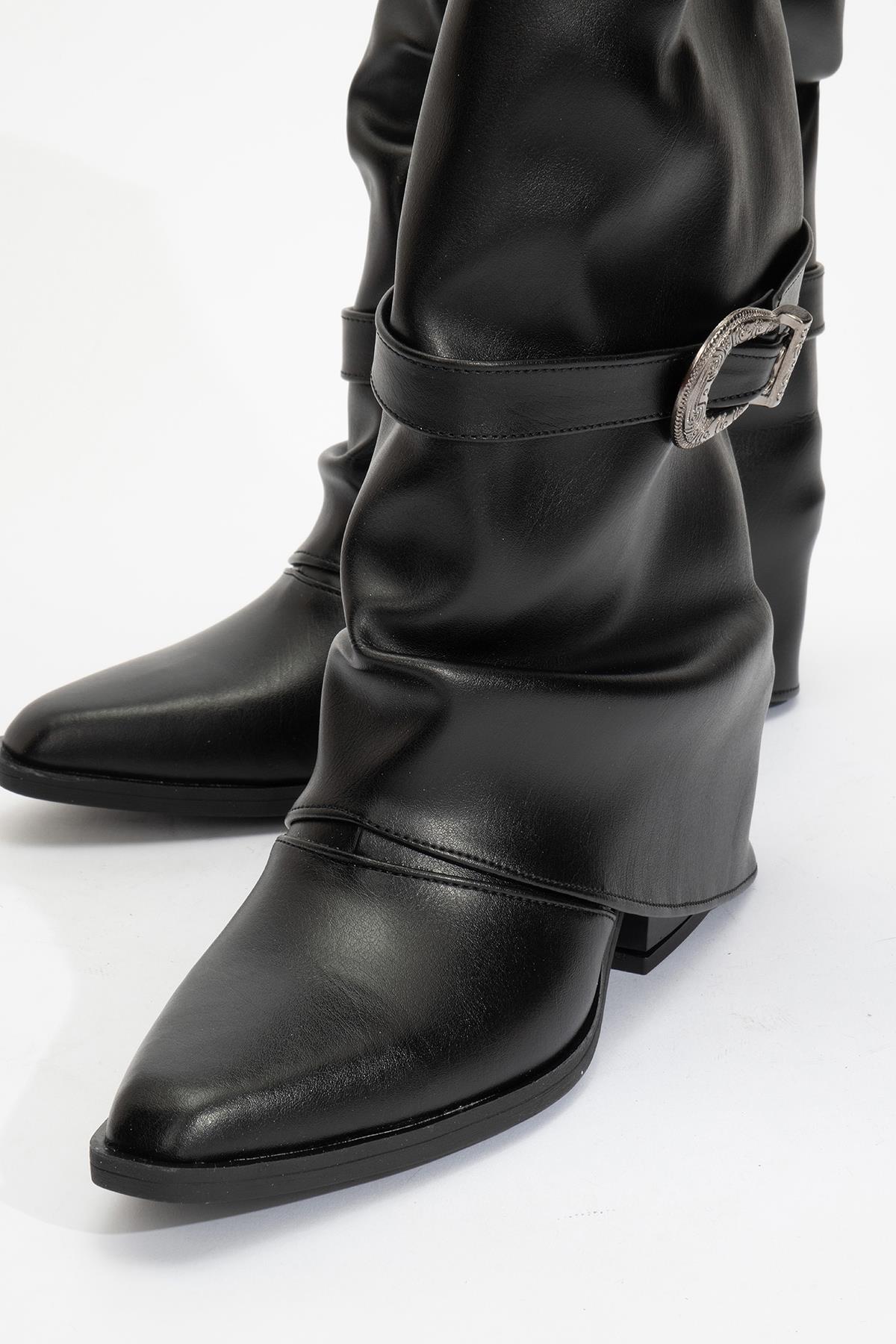 Okus - Black Buckle Block Heel Ankle Boot (Women)