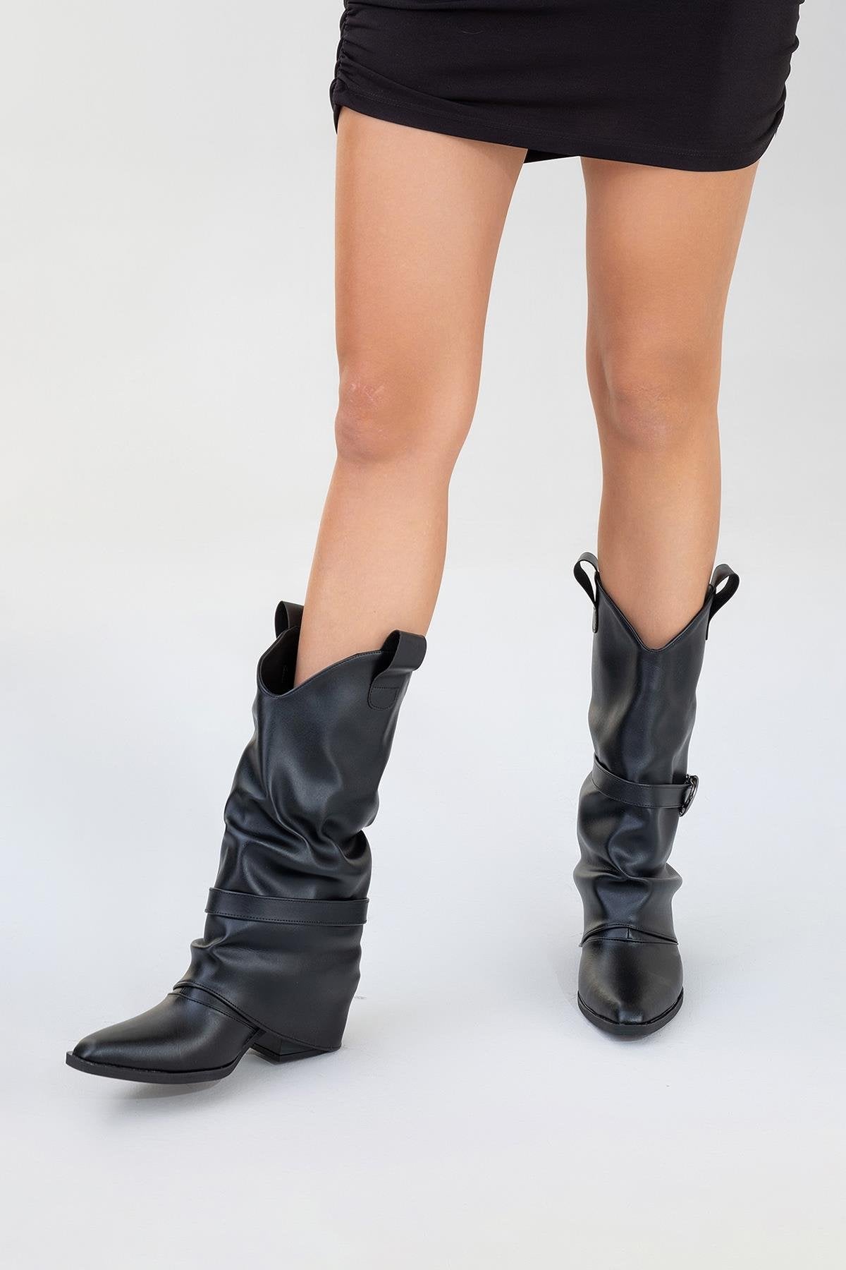 Okus - Black Buckle Block Heel Ankle Boot (Women)