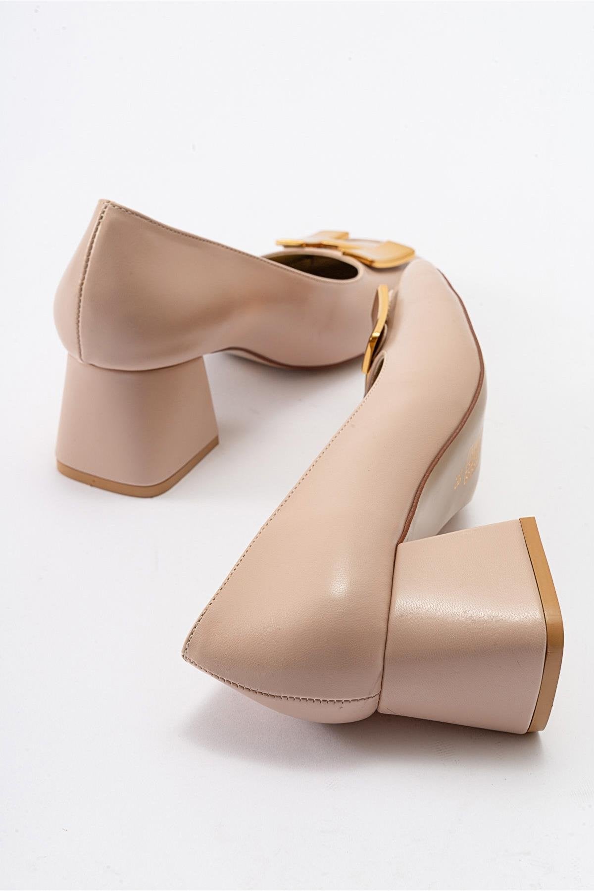 Elois - Beige Gold Buckled Heeled Shoe (Women)