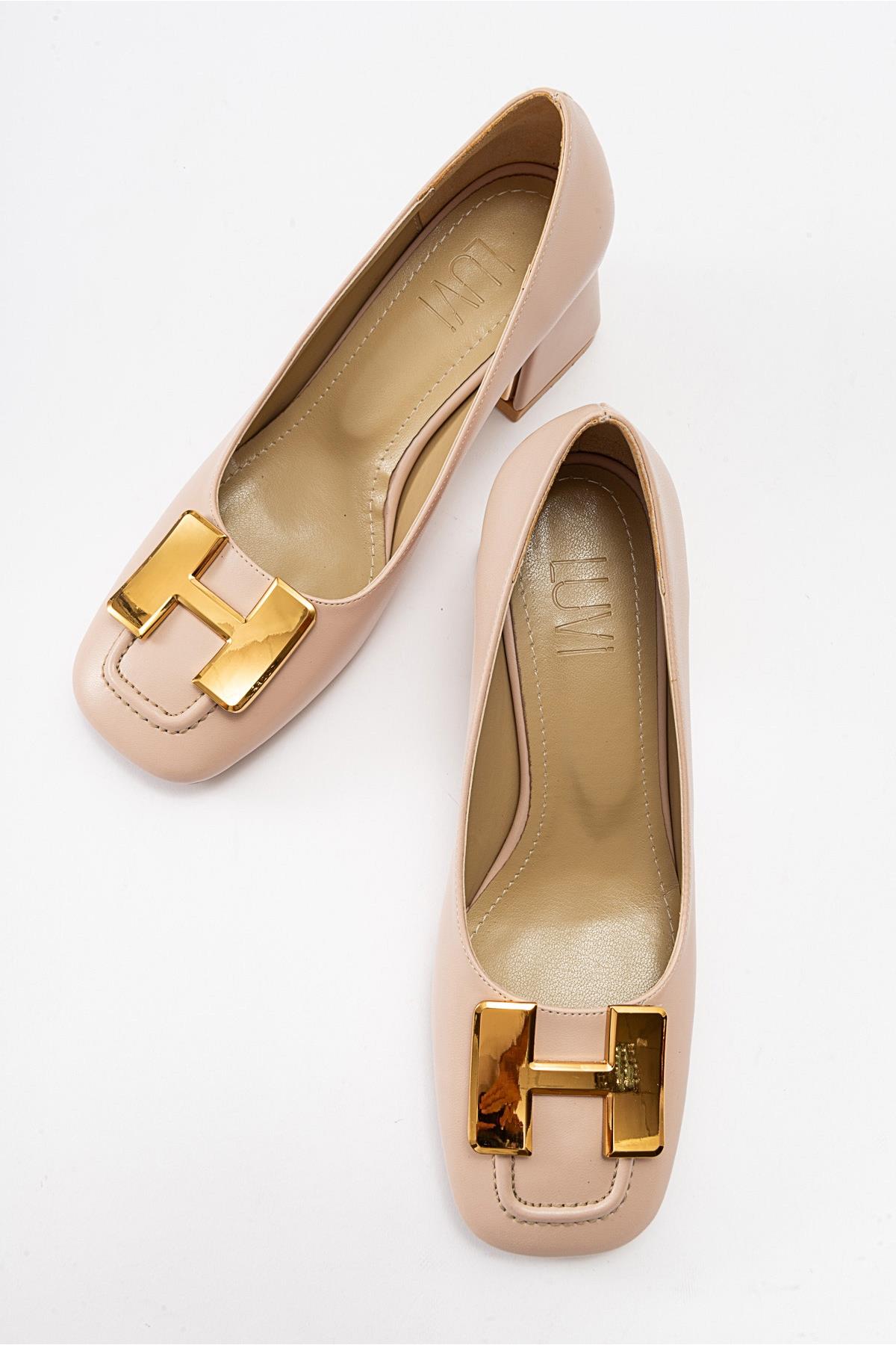 Elois - Beige Gold Buckled Heeled Shoe (Women)
