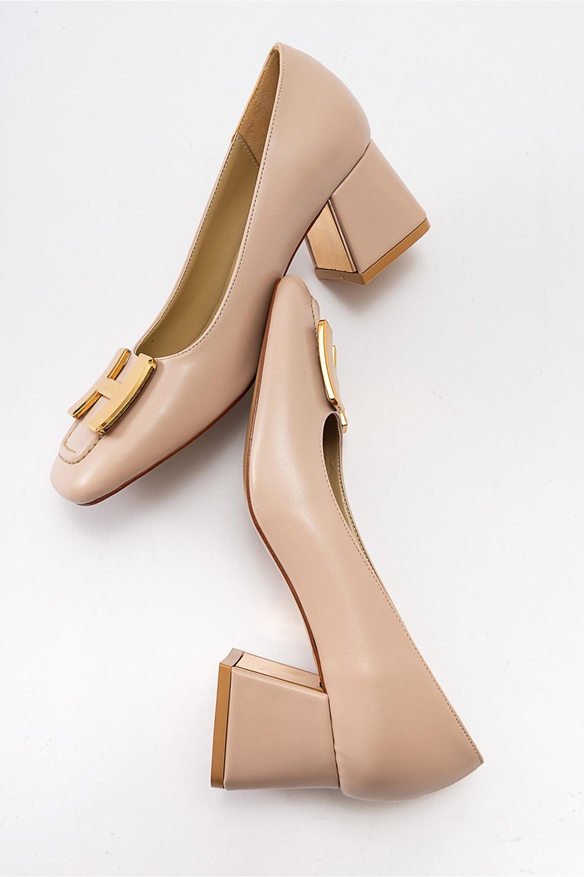 Elois - Beige Gold Buckled Heeled Shoe (Women)