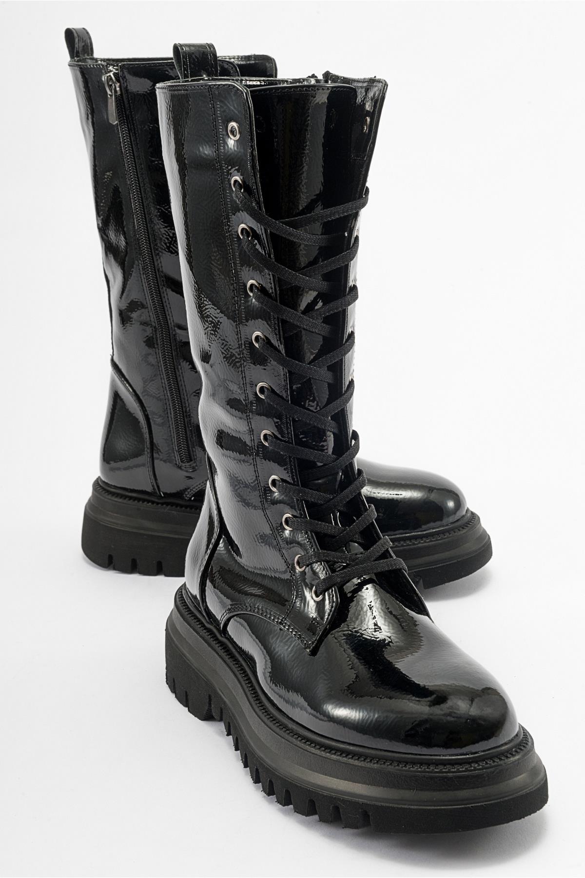 Piola - Black Crinkled Patent Lace-Up Zip Combat Boot (Women)