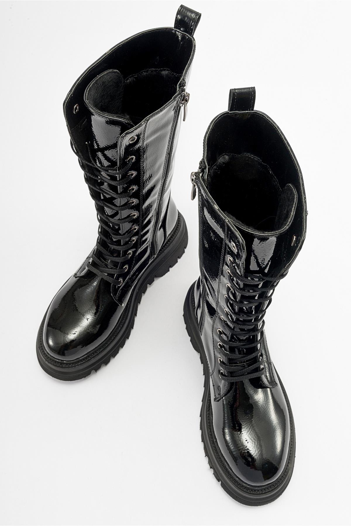 Piola - Black Crinkled Patent Lace-Up Zip Combat Boot (Women)