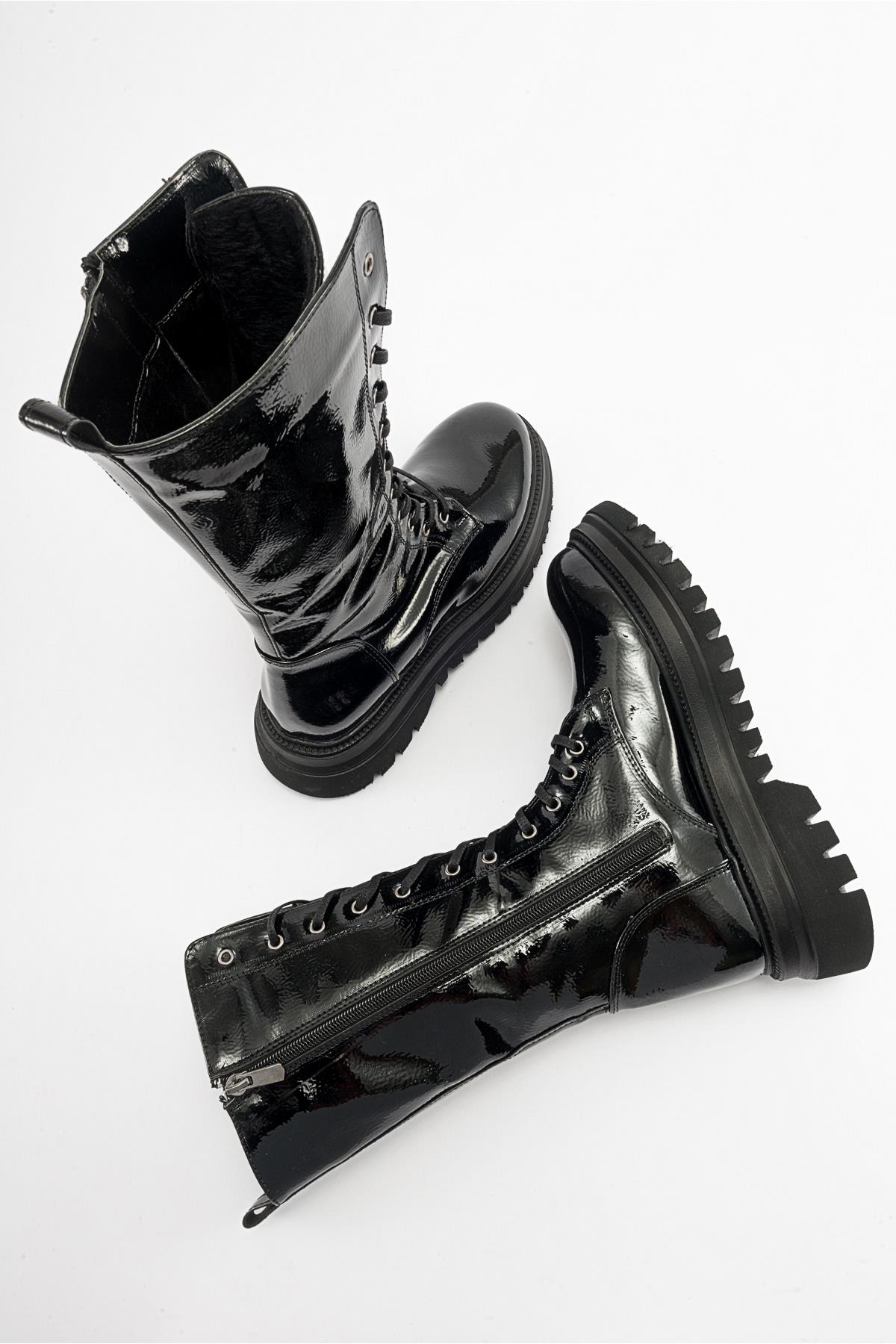 Piola - Black Crinkled Patent Lace-Up Zip Combat Boot (Women)