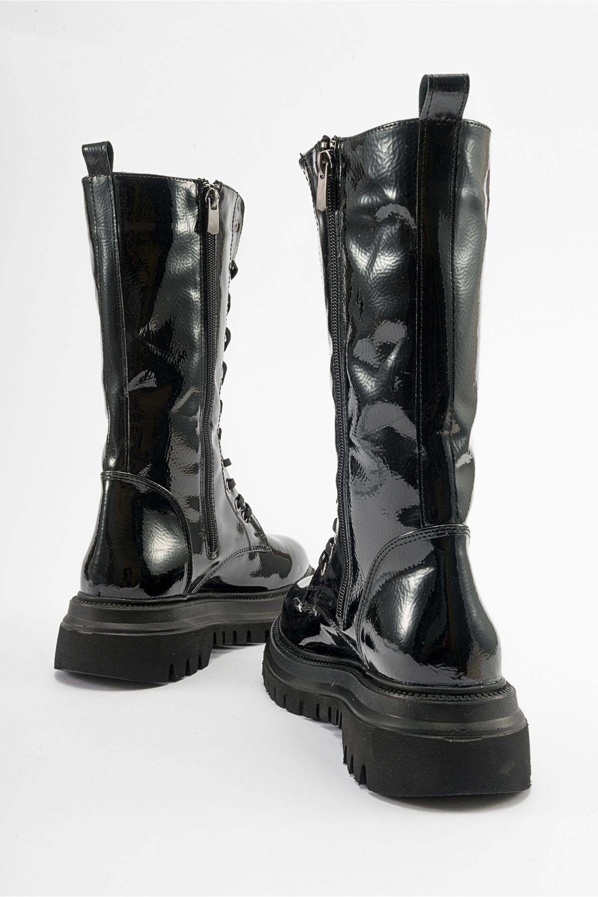 Piola - Black Crinkled Patent Lace-Up Zip Combat Boot (Women)