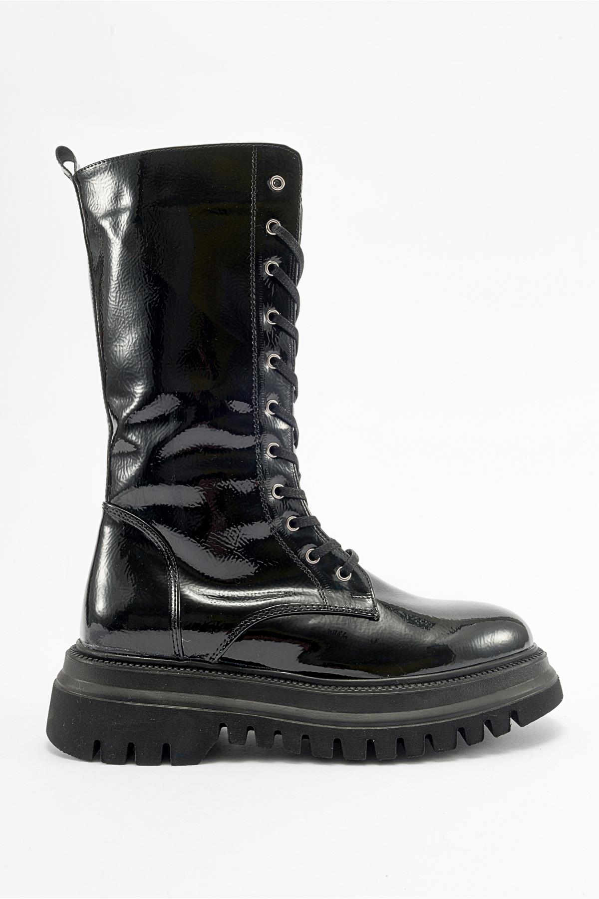 Piola - Black Crinkled Patent Lace-Up Zip Combat Boot (Women)