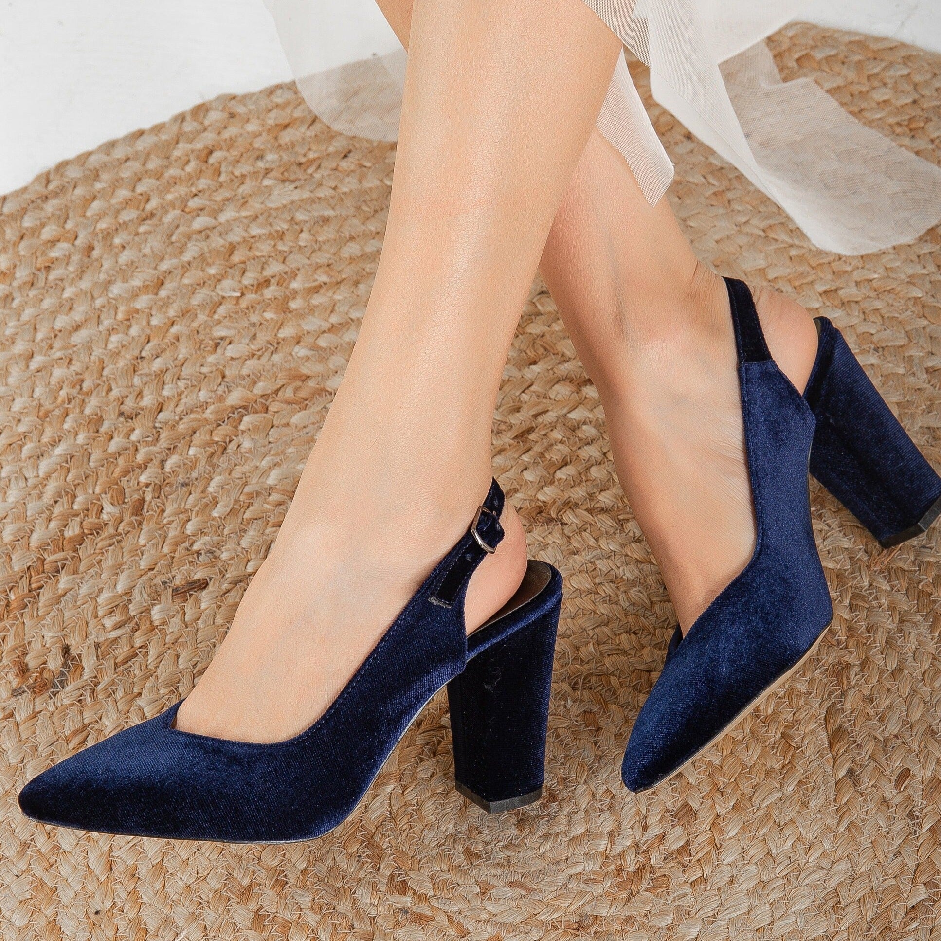 Emma - Dark Blue Velvet Slingback Shoes