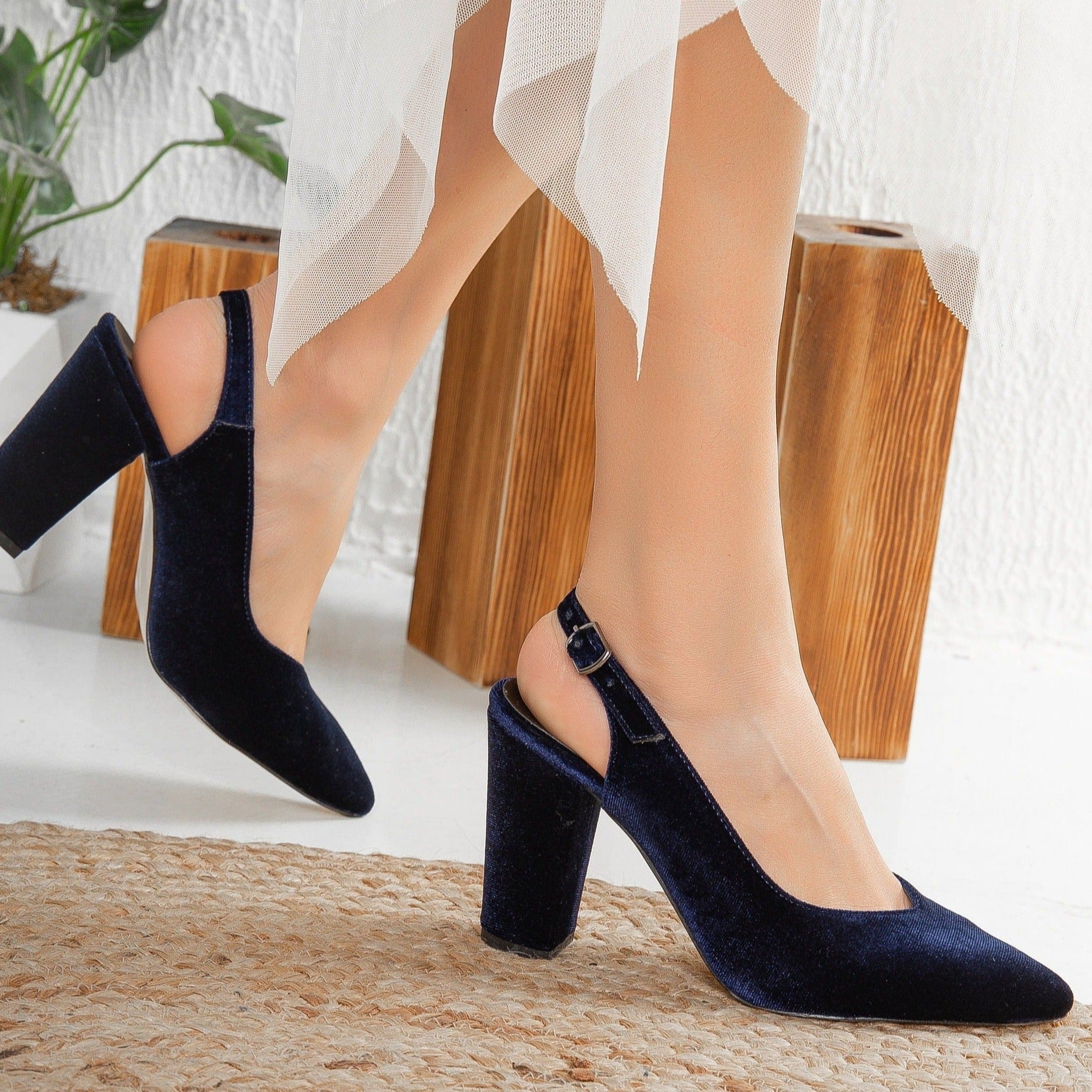 Emma - Dark Blue Velvet Slingback Shoes