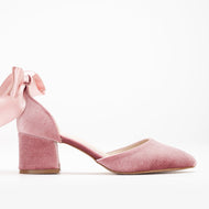 Fiona - Rose Velvet Low Heels with Ribbon