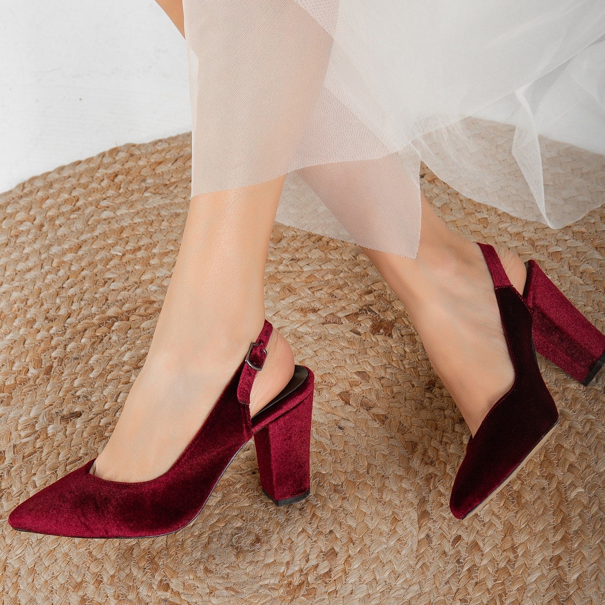 Emma - Burgundy Velvet Slingback Heels