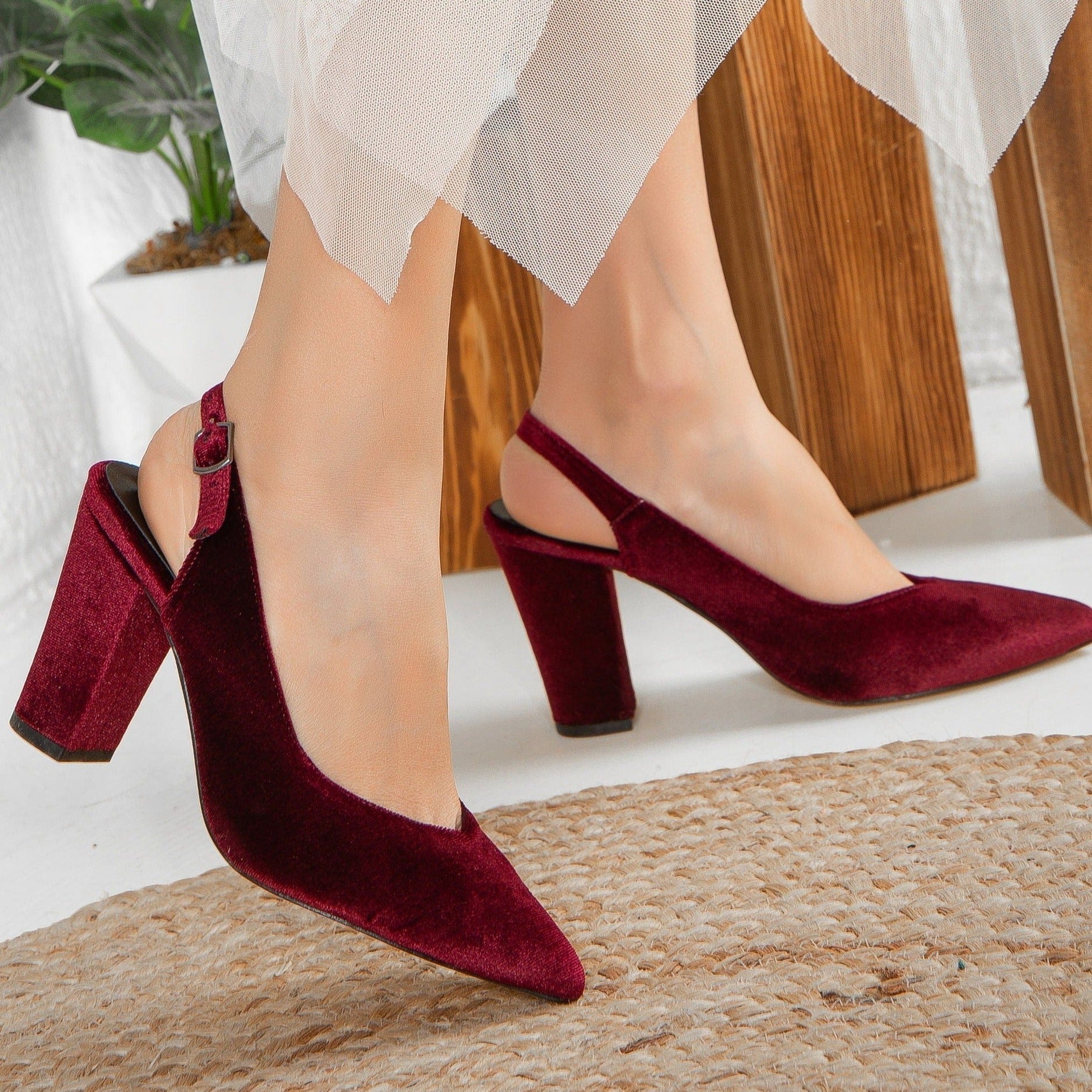 Emma - Burgundy Velvet Slingback Heels