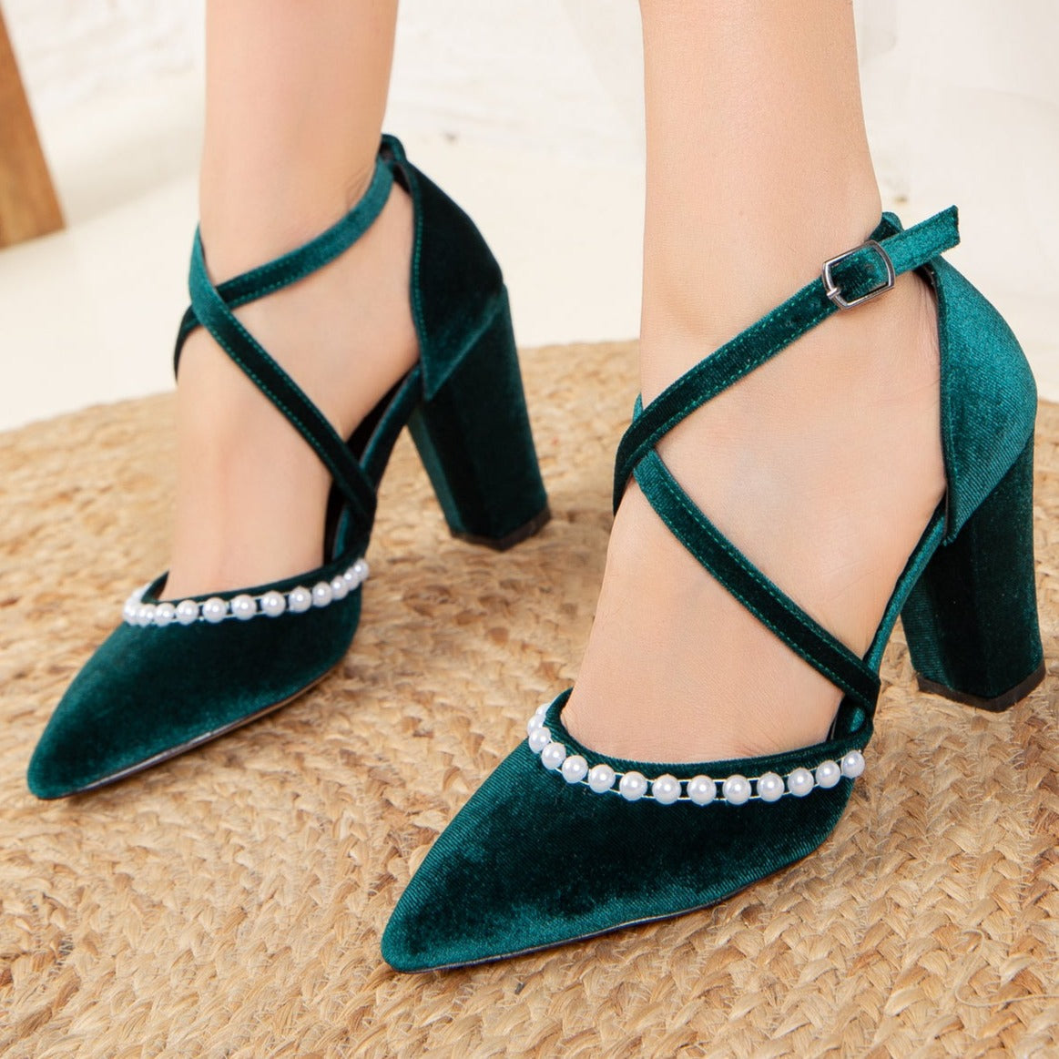Sina - Green Velvet Pearl Heels