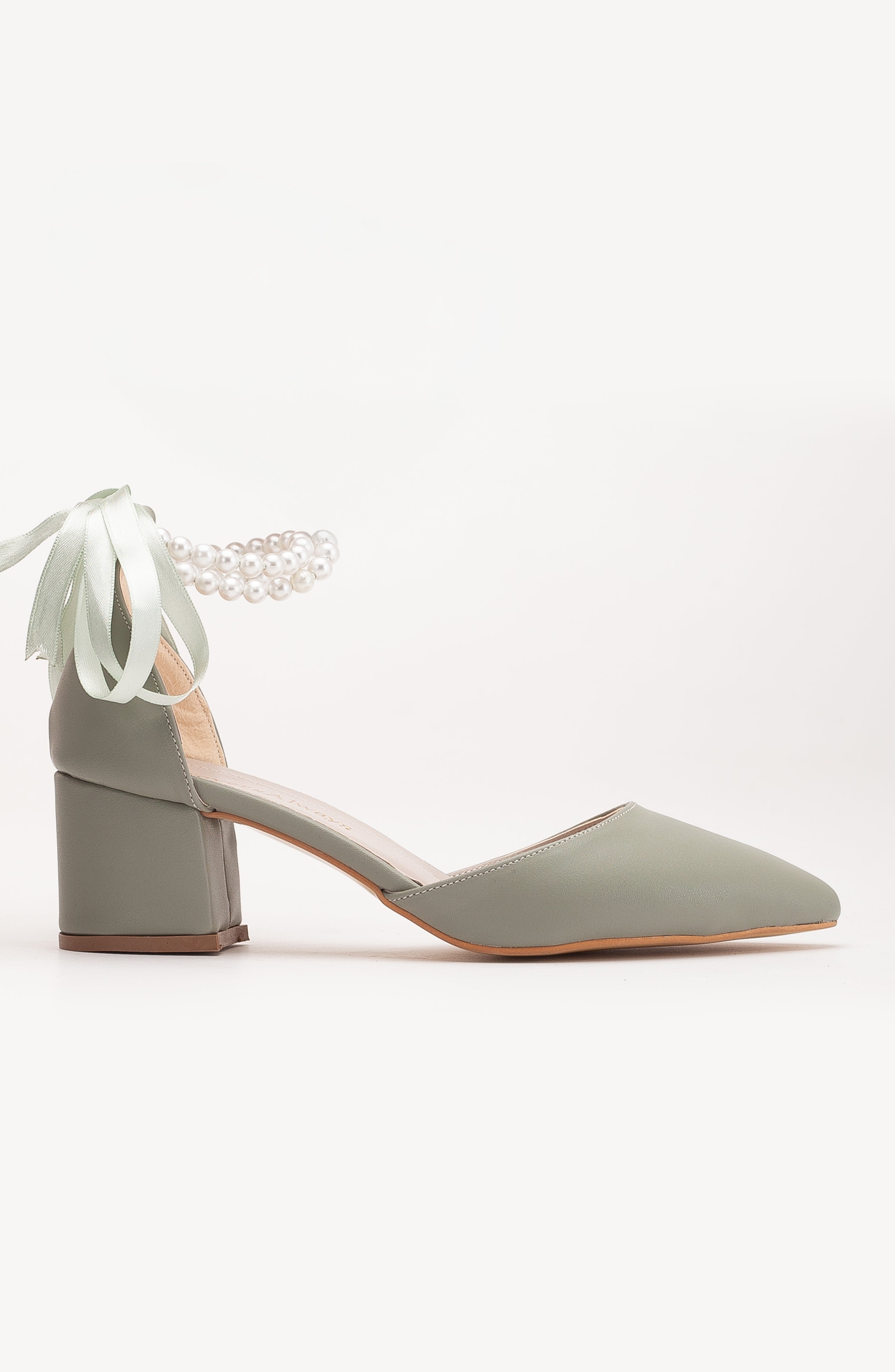 Miranda - Sage Green Pumps with Pearls