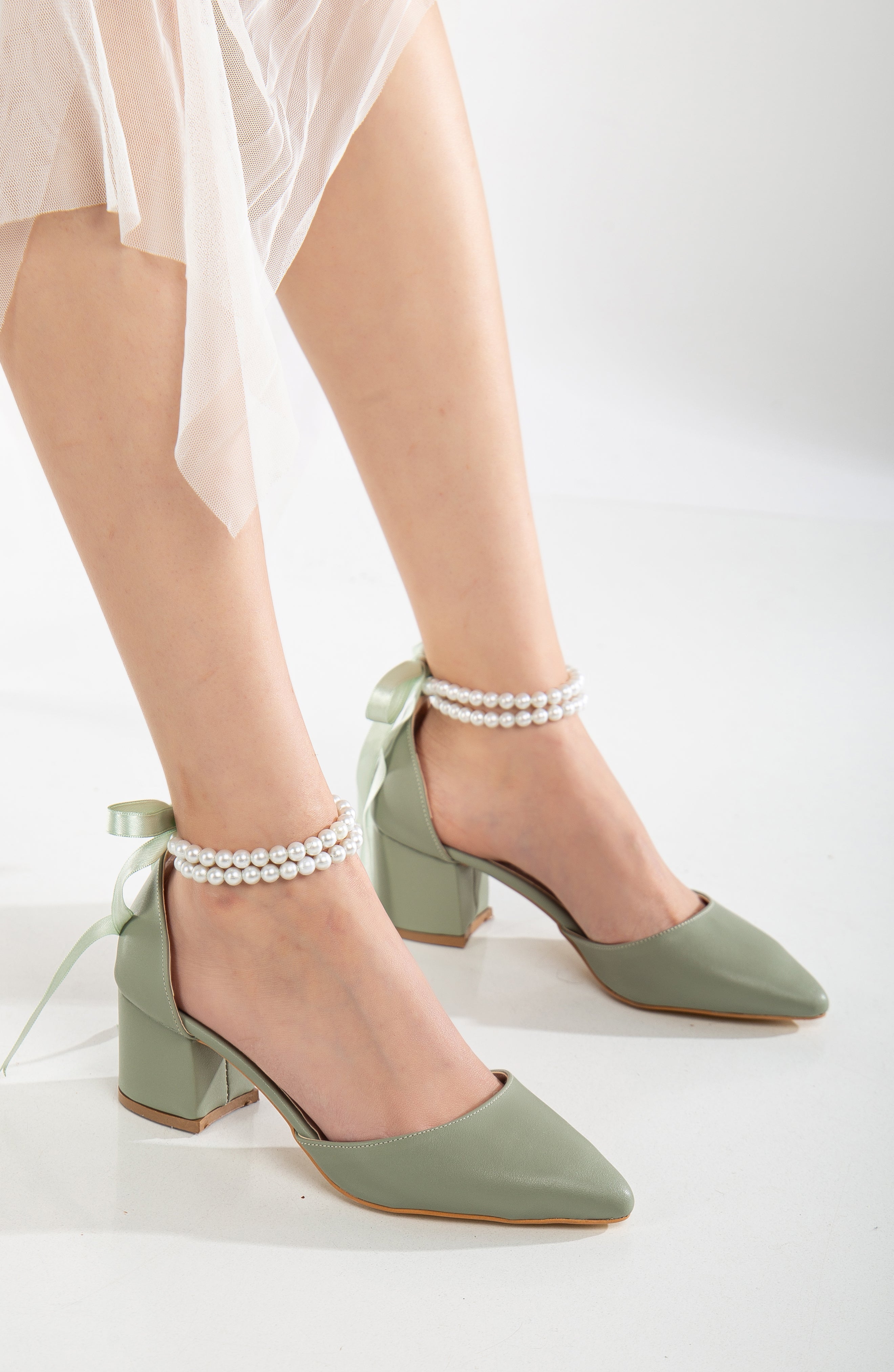Miranda - Sage Green Pumps with Pearls