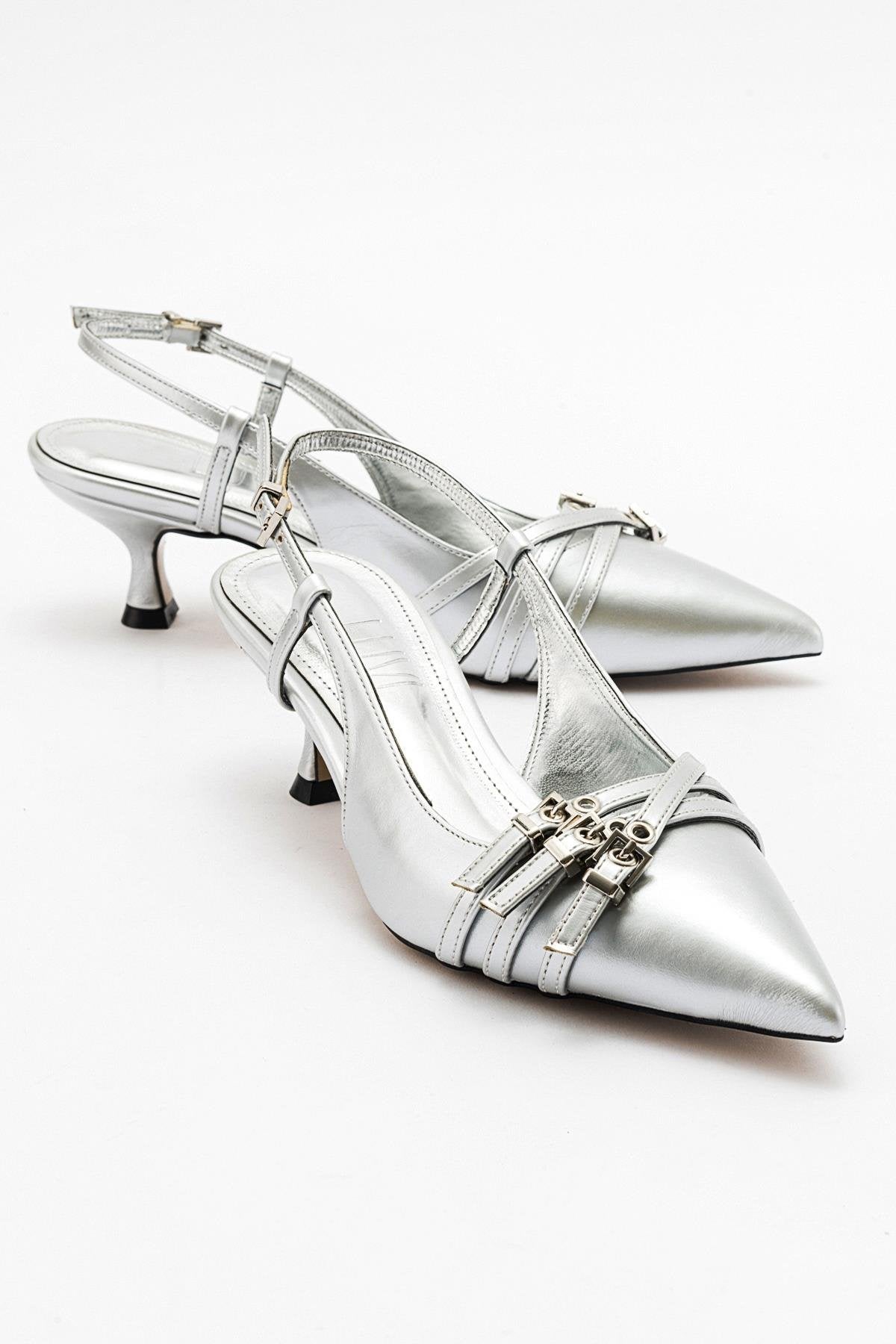 Woss - Silver Leather-Effect Belt Detail Heeled Shoe (Women)