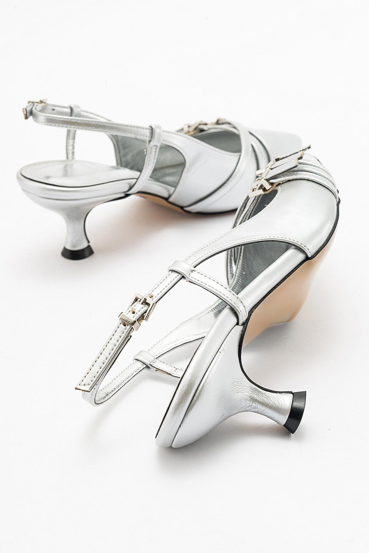Woss - Silver Leather-Effect Belt Detail Heeled Shoe (Women)
