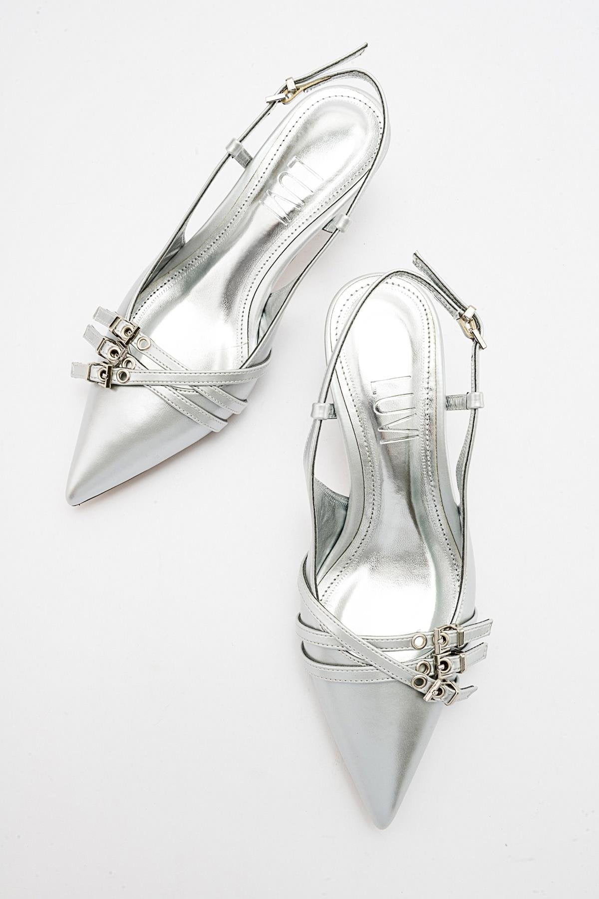 Woss - Silver Leather-Effect Belt Detail Heeled Shoe (Women)