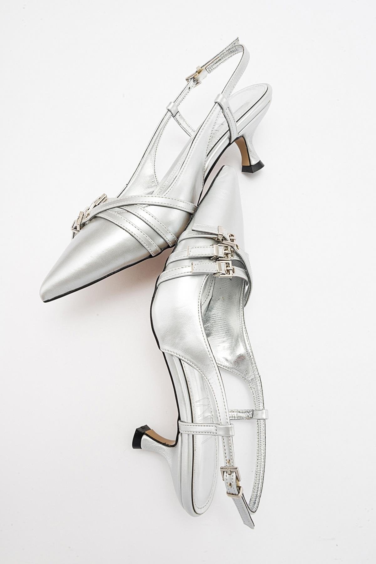 Woss - Silver Leather-Effect Belt Detail Heeled Shoe (Women)