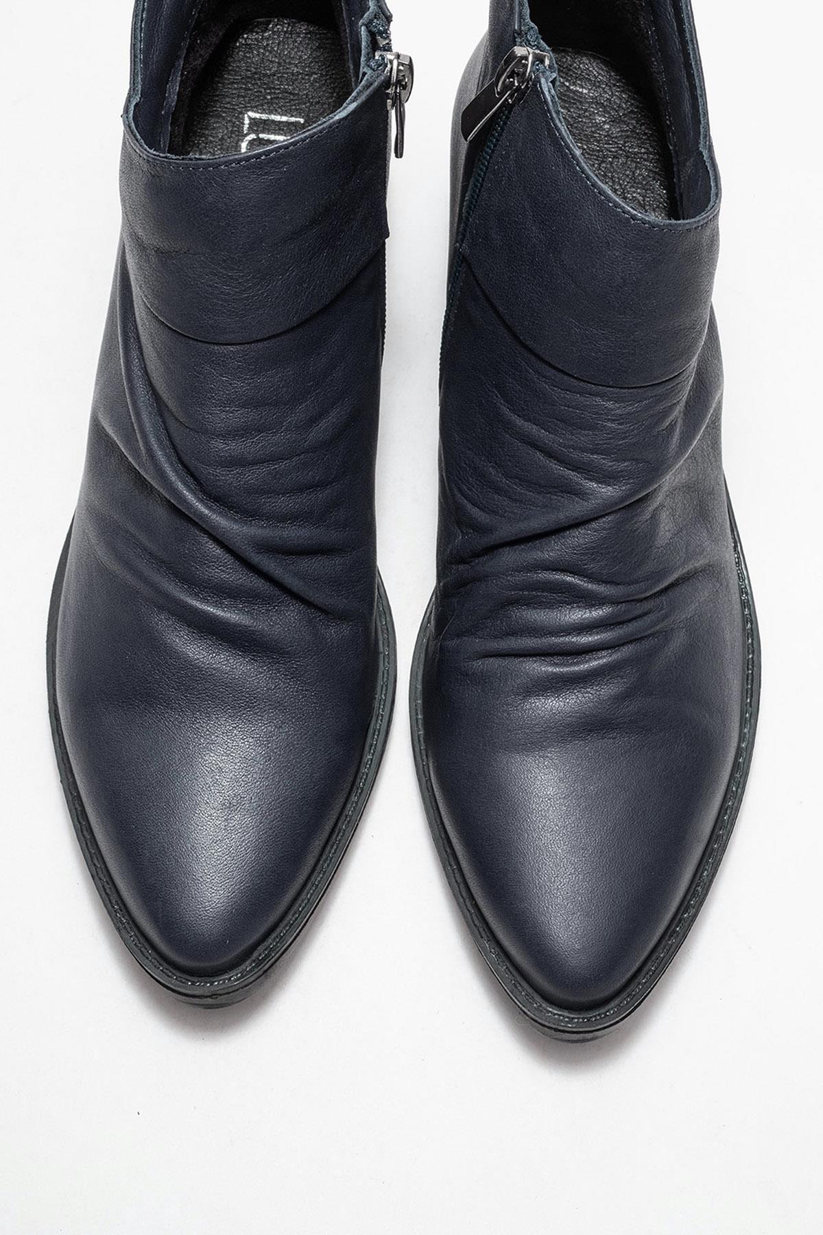 Rule - Navy Genuine Leather Chunky Heel Boot (Women)