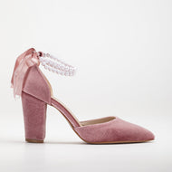 Hazel - Rose Velvet Shoes with Pearls