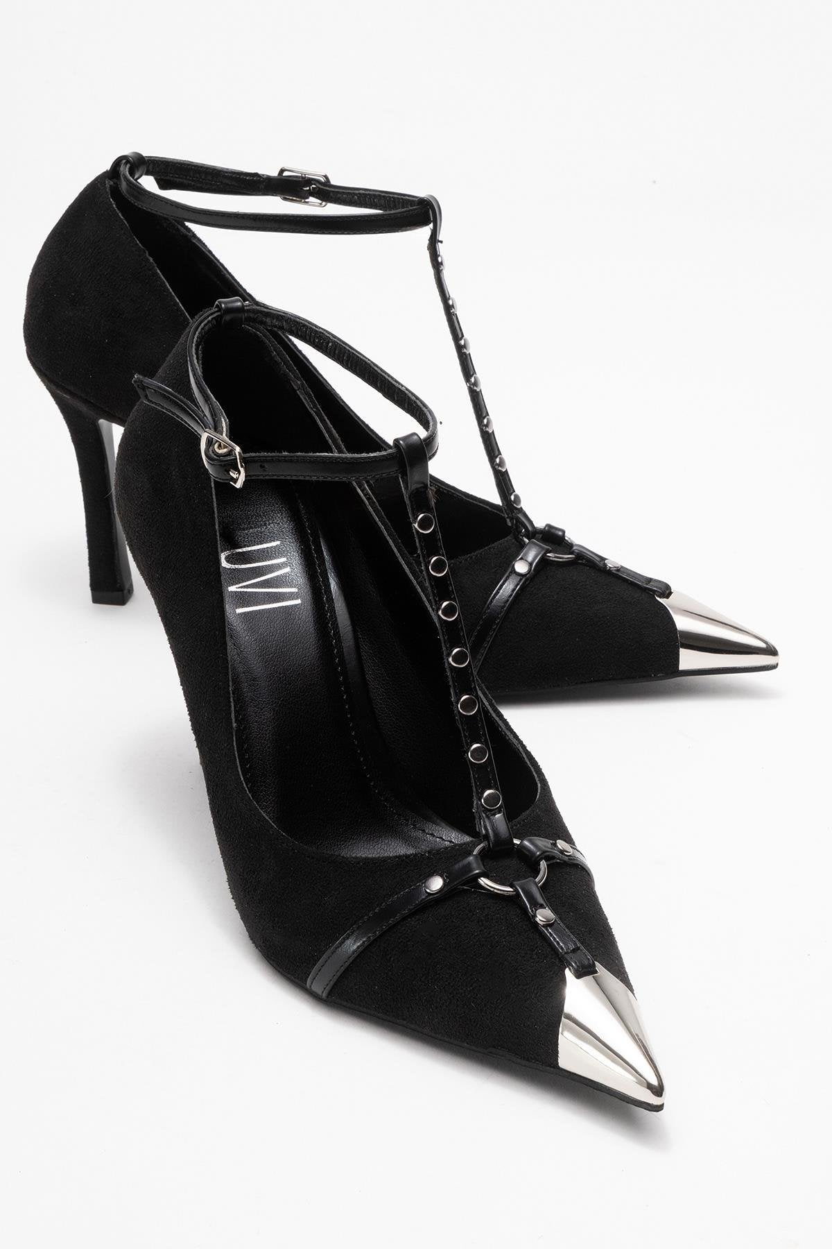 Juliana - Black Strapped Metallic Toe Heeled Shoe (Women)