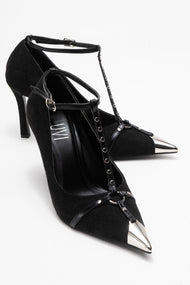 Juliana - Black Strapped Metallic Toe Heeled Shoe (Women)