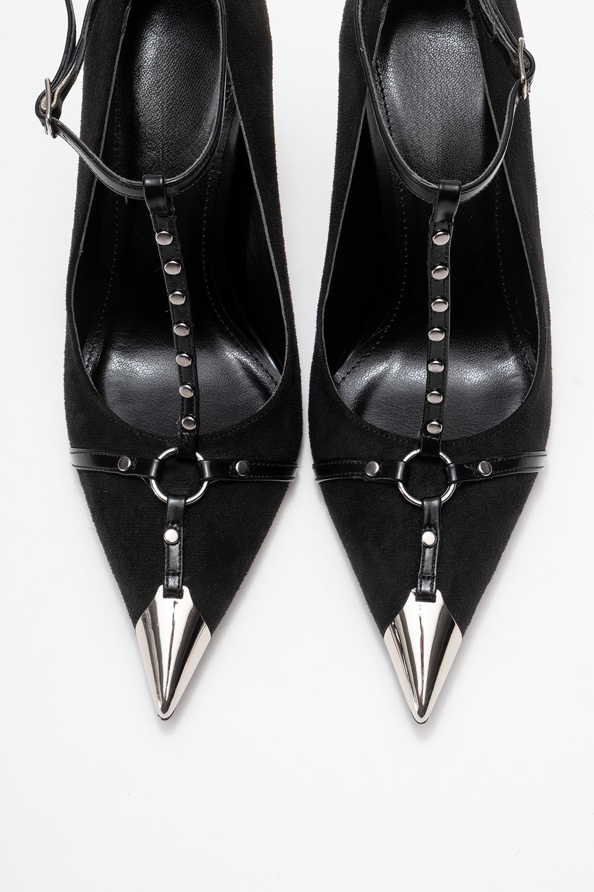 Juliana - Black Strapped Metallic Toe Heeled Shoe (Women)