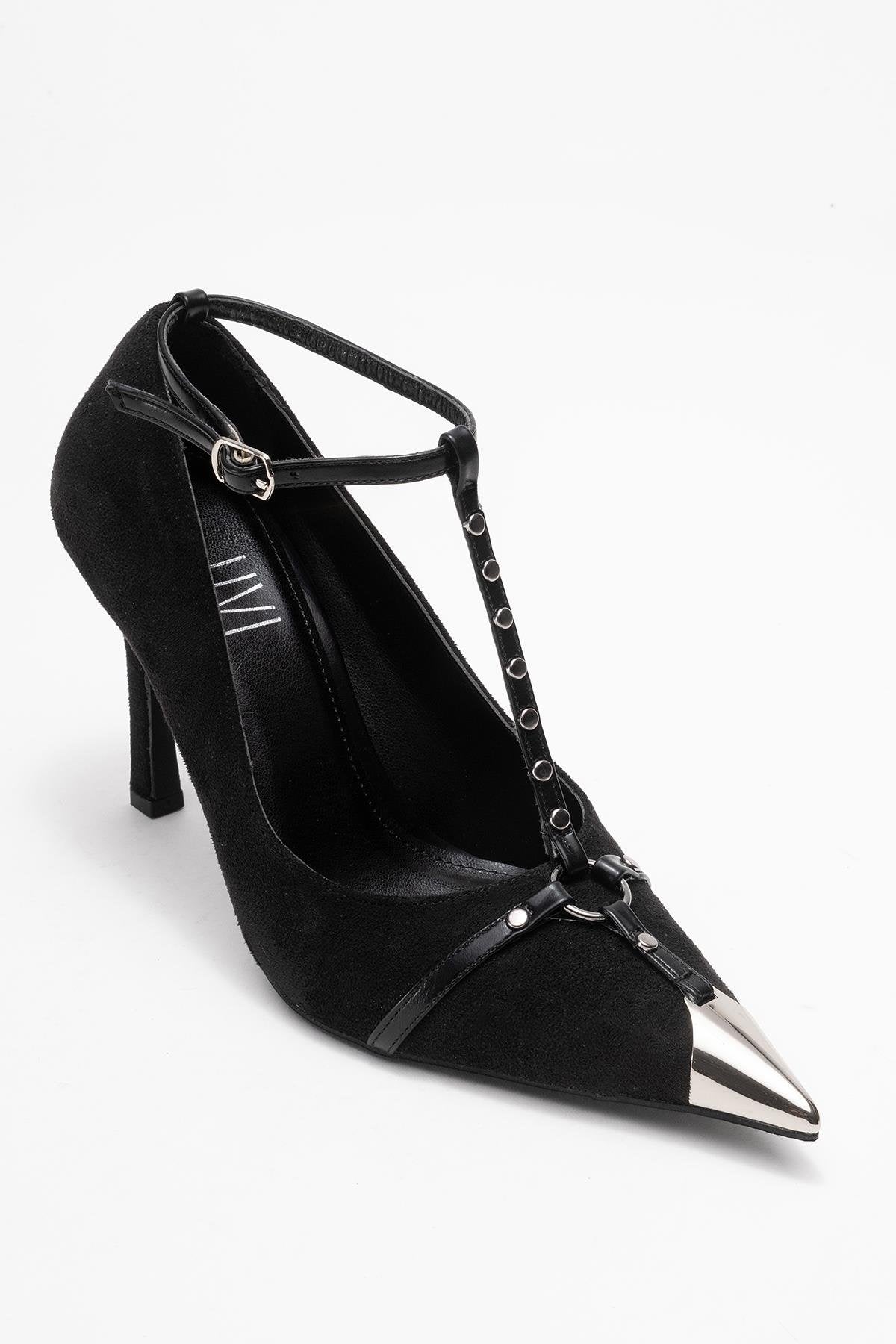 Juliana - Black Strapped Metallic Toe Heeled Shoe (Women)