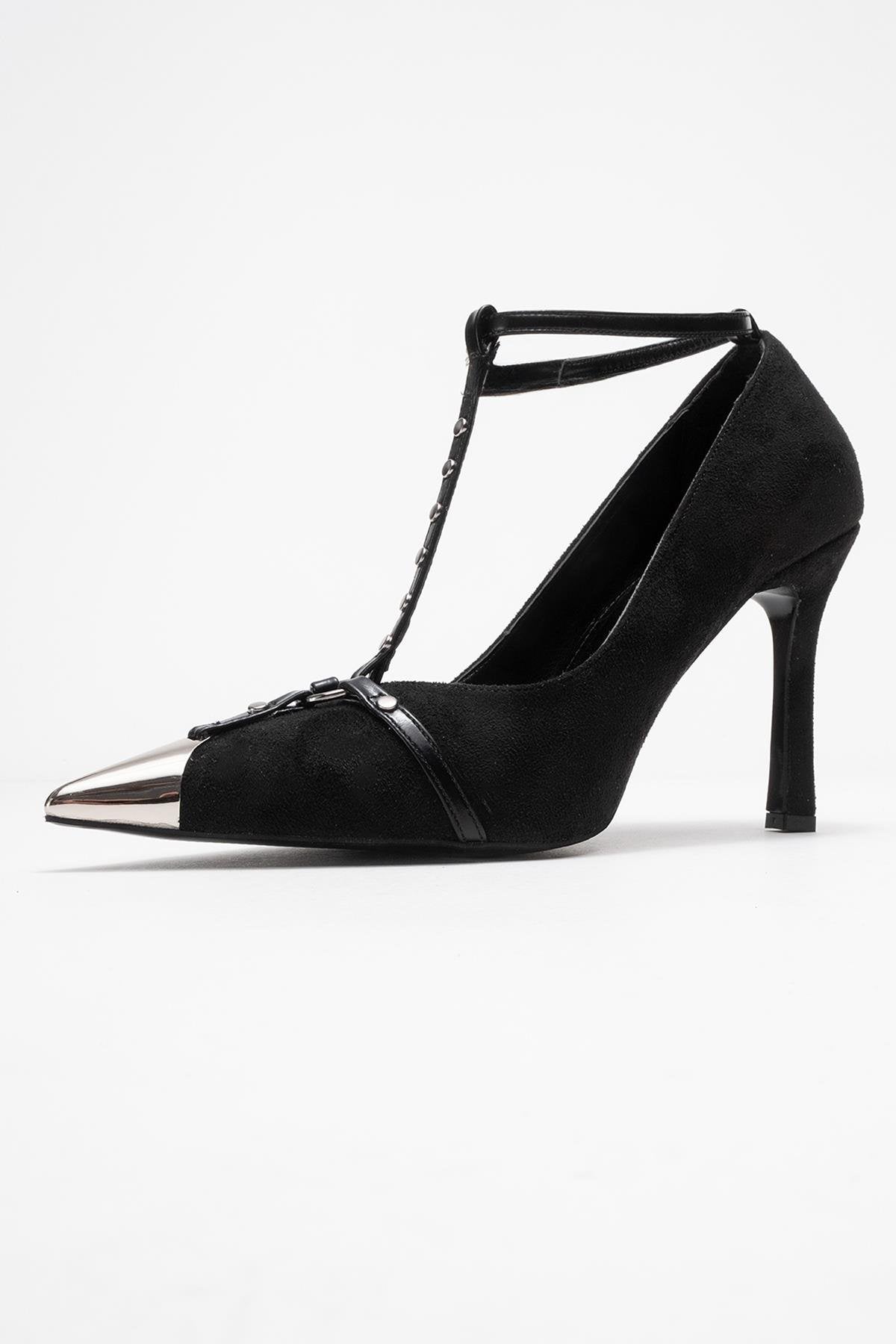 Juliana - Black Strapped Metallic Toe Heeled Shoe (Women)