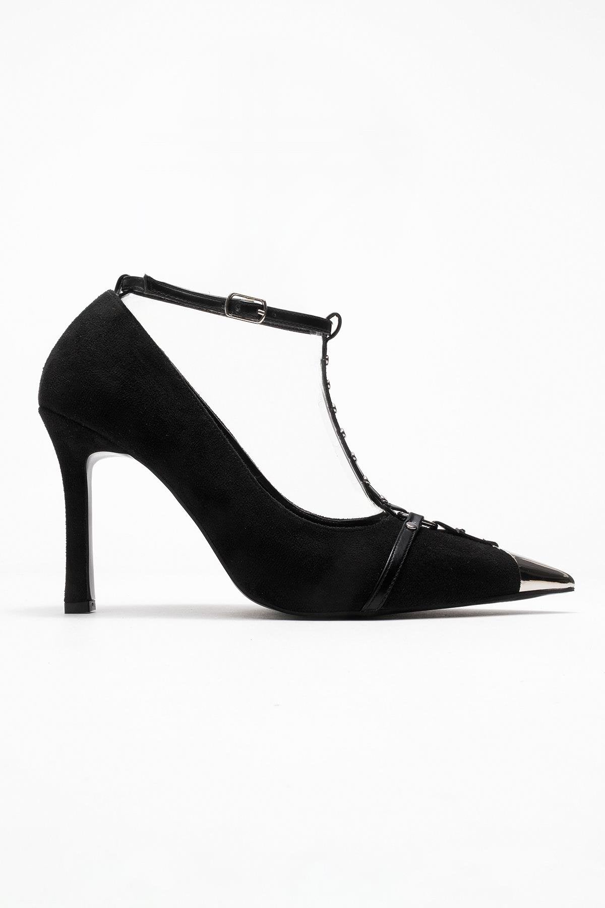 Juliana - Black Strapped Metallic Toe Heeled Shoe (Women)