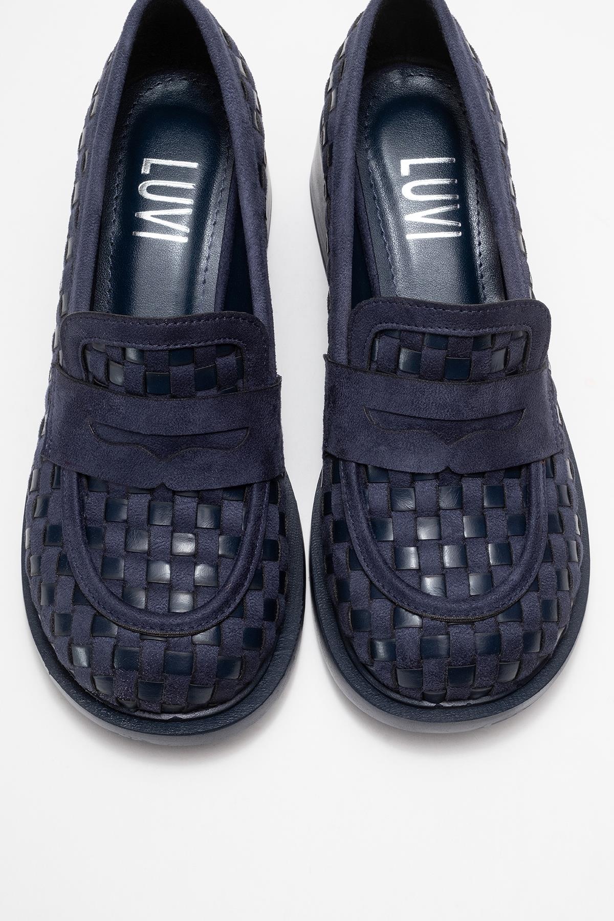 Marlon - Navy Woven Block Heel Shoe (Women)