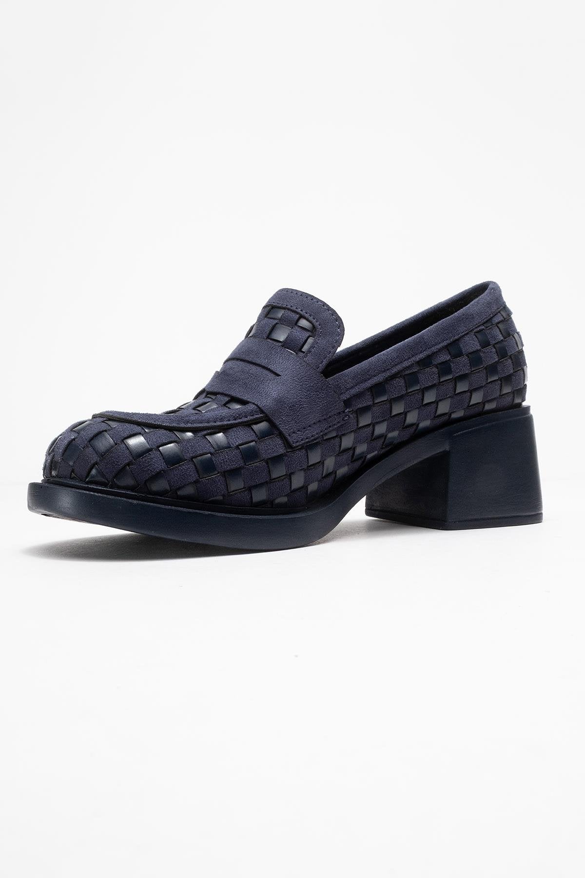 Marlon - Navy Woven Block Heel Shoe (Women)