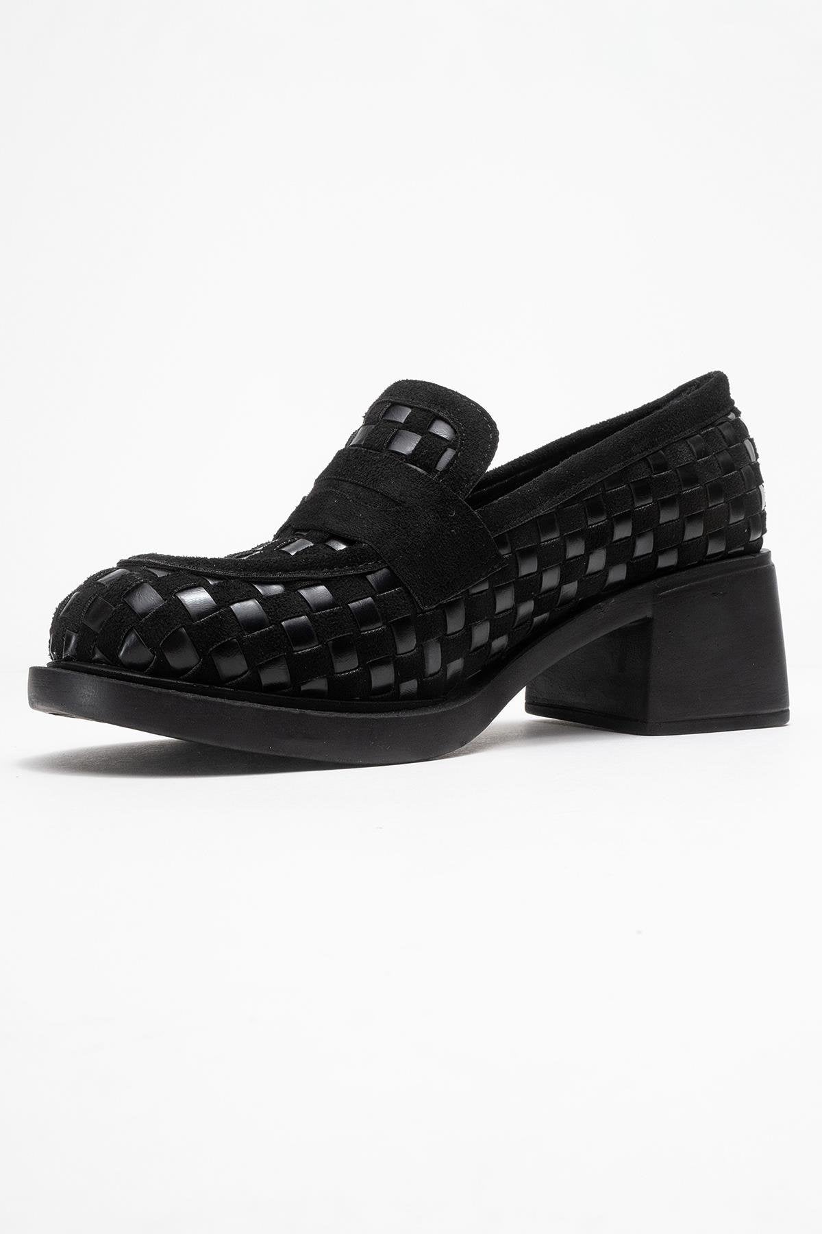 Marlon - Black Woven Block Heel Shoe (Women)