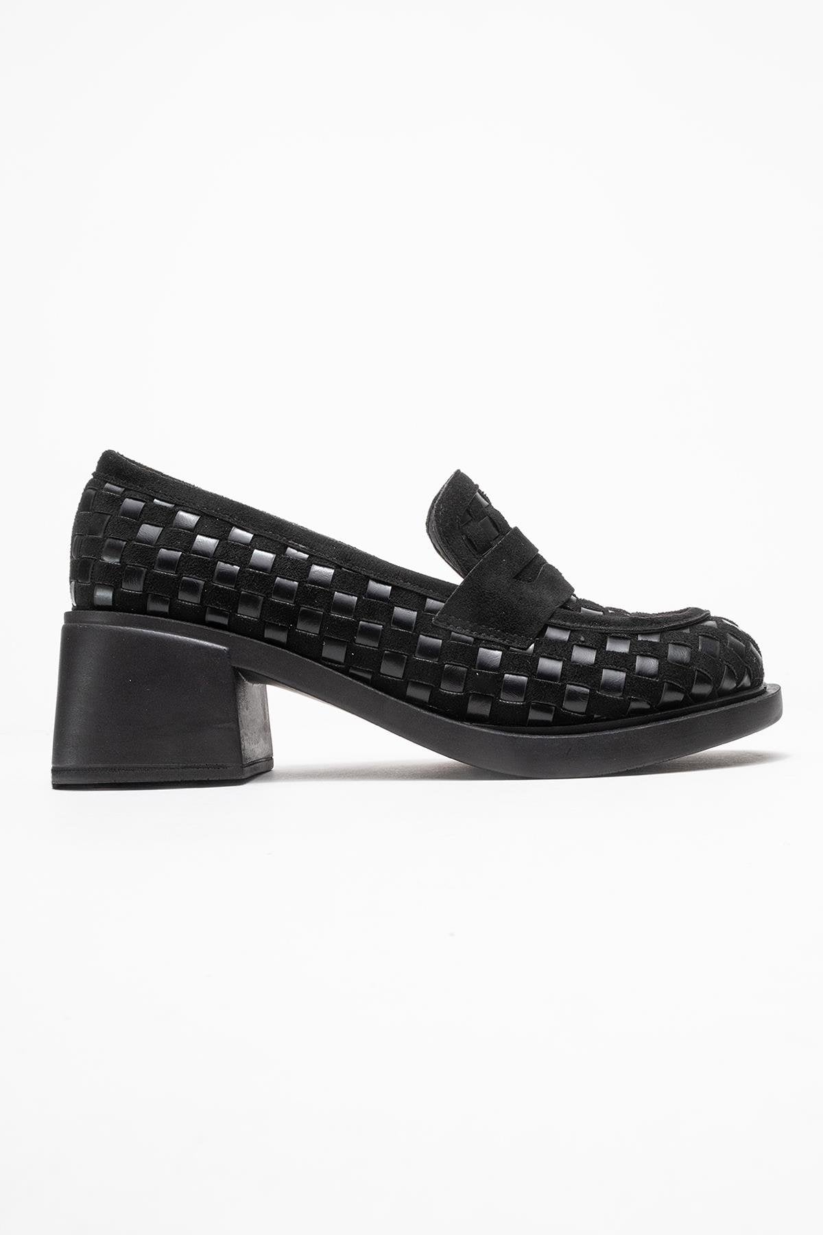 Marlon - Black Woven Block Heel Shoe (Women)