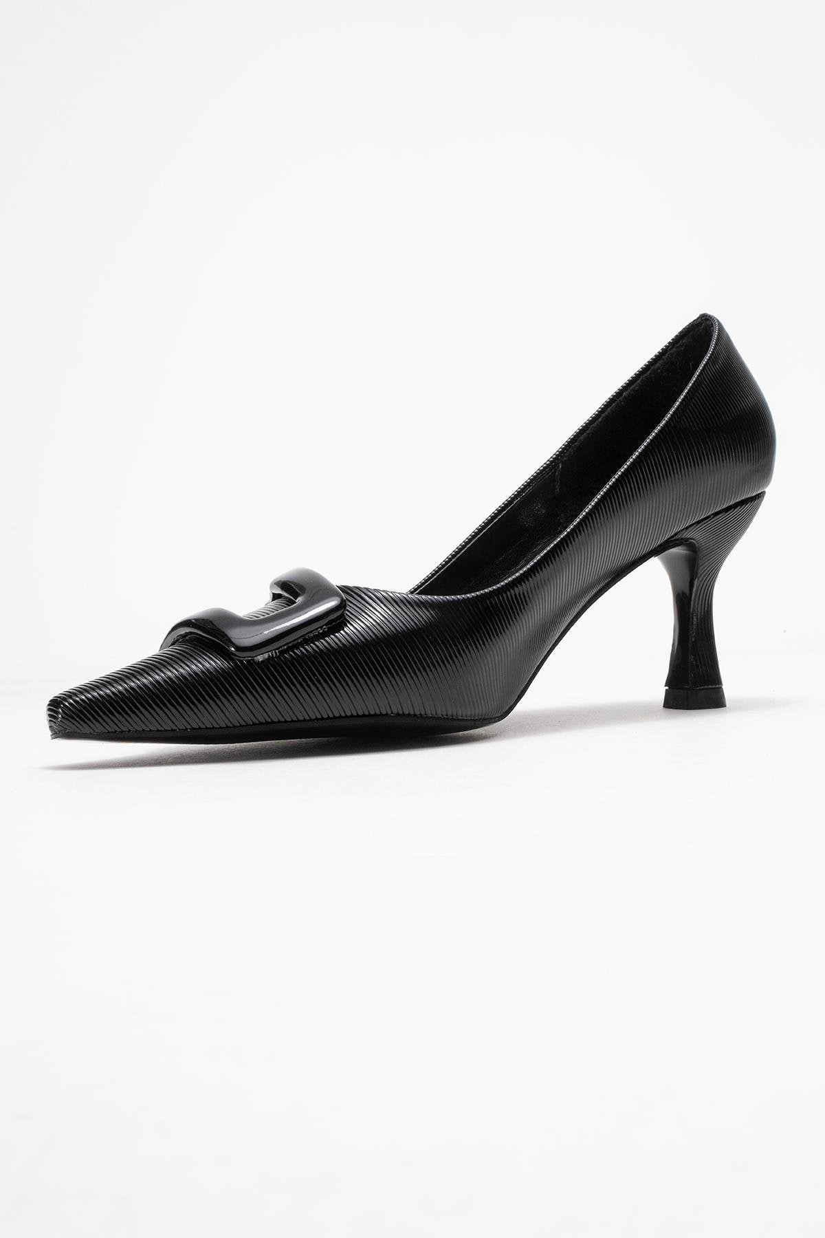 Astra - Black Striped Buckle Stiletto Heeled Shoe (Women)