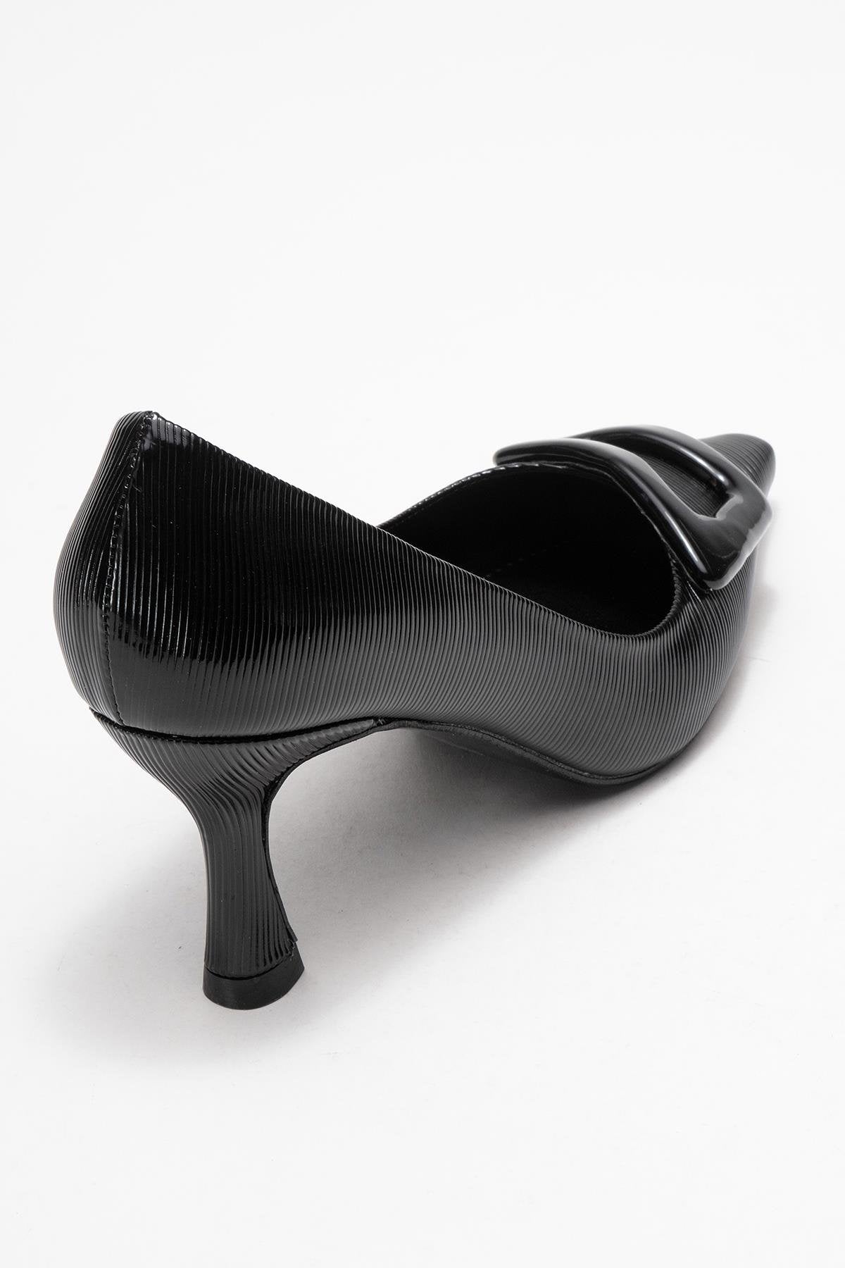 Astra - Black Striped Buckle Stiletto Heeled Shoe (Women)