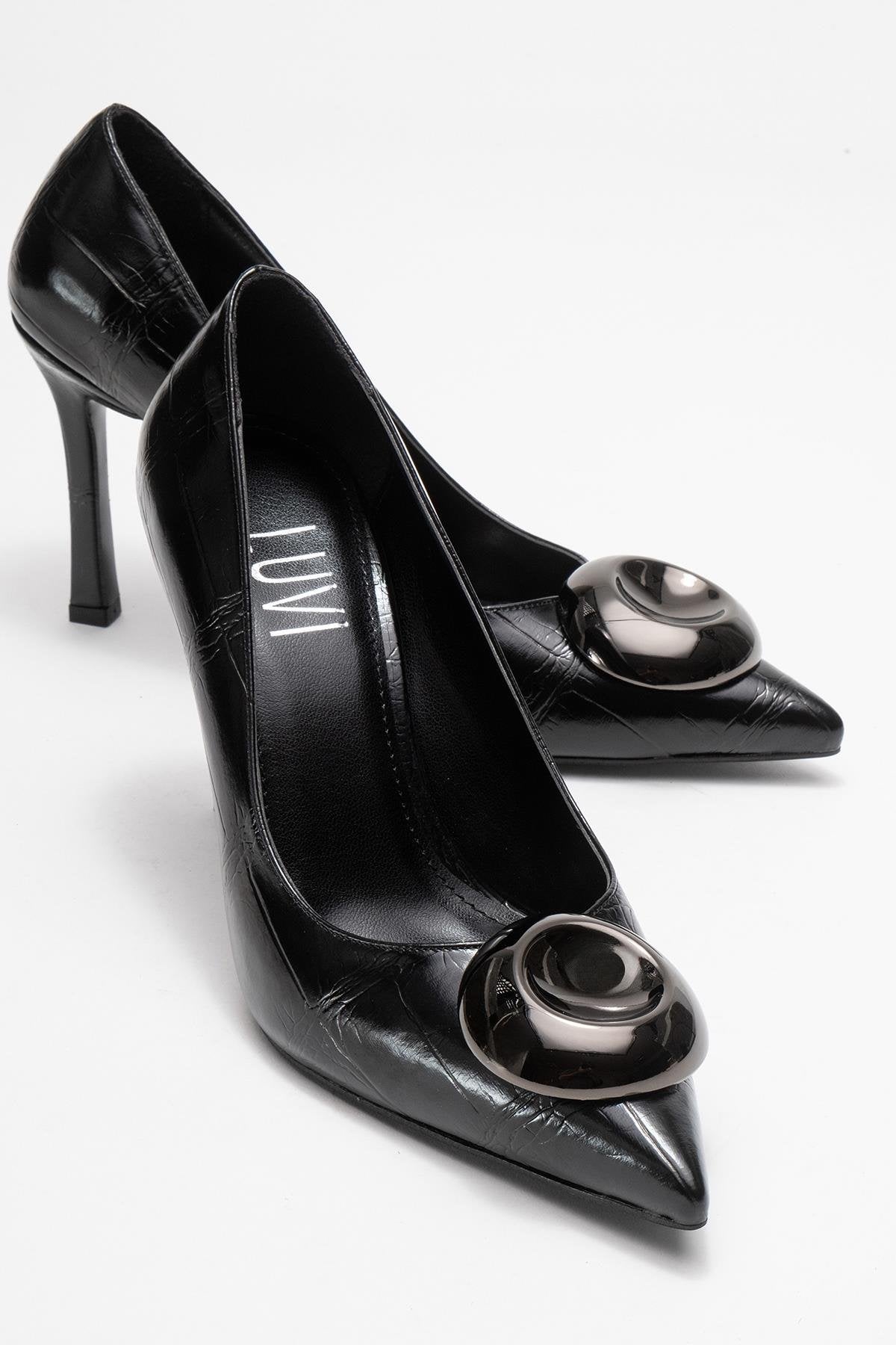 Jordana - Black Printed Platinum Buckle Stiletto Heeled Shoe (Women)