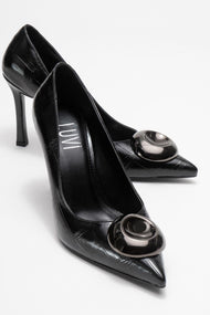 Jordana - Black Printed Platinum Buckle Stiletto Heeled Shoe (Women)