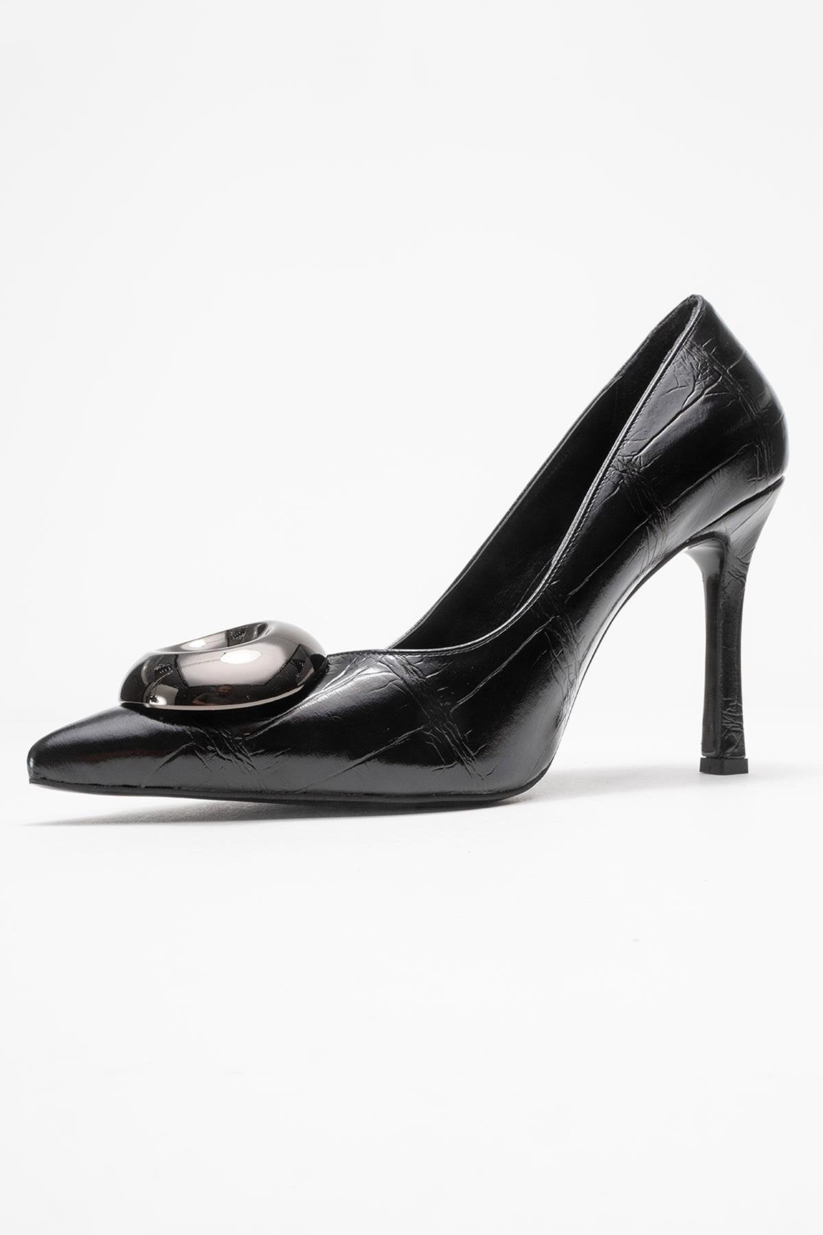Jordana - Black Printed Platinum Buckle Stiletto Heeled Shoe (Women)