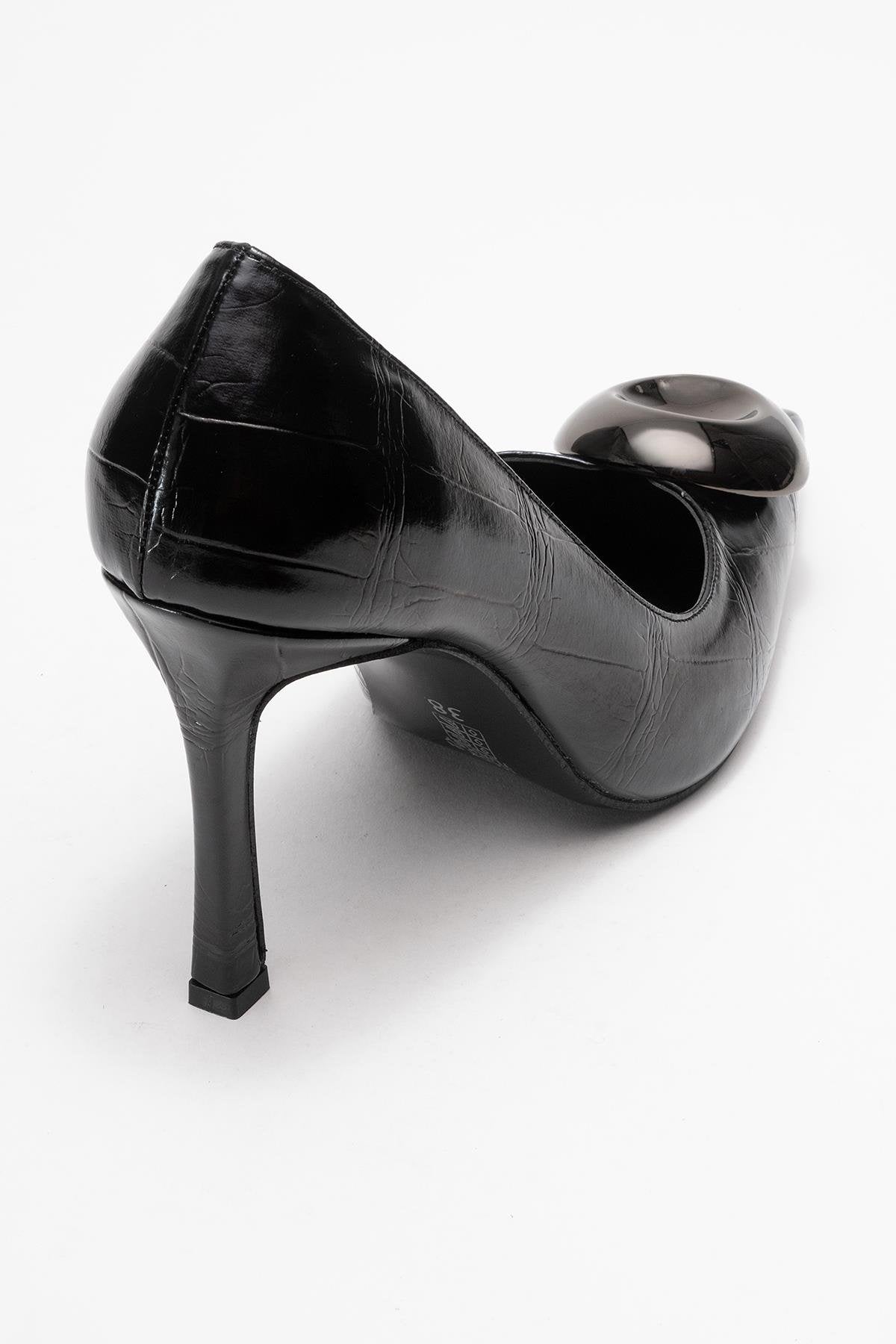 Jordana - Black Printed Platinum Buckle Stiletto Heeled Shoe (Women)