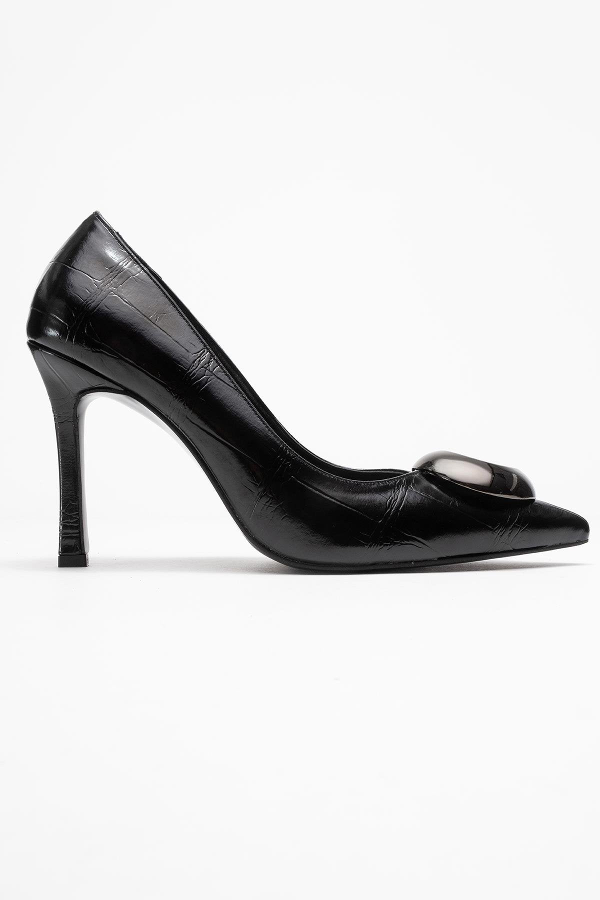 Jordana - Black Printed Platinum Buckle Stiletto Heeled Shoe (Women)
